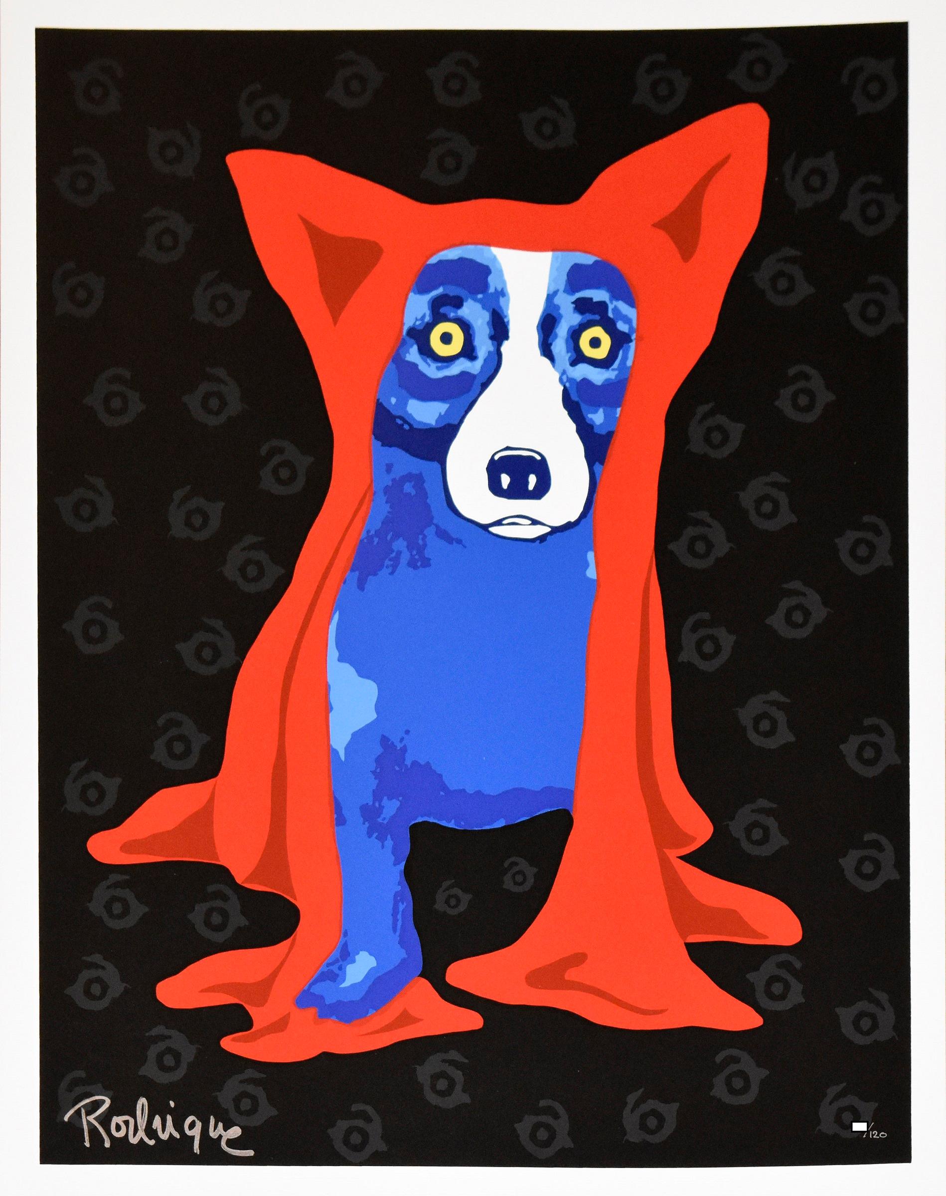 George Rodrigue Animal Print - Hiding My Blues From You - Signed Silkscreen Print Blue Dog