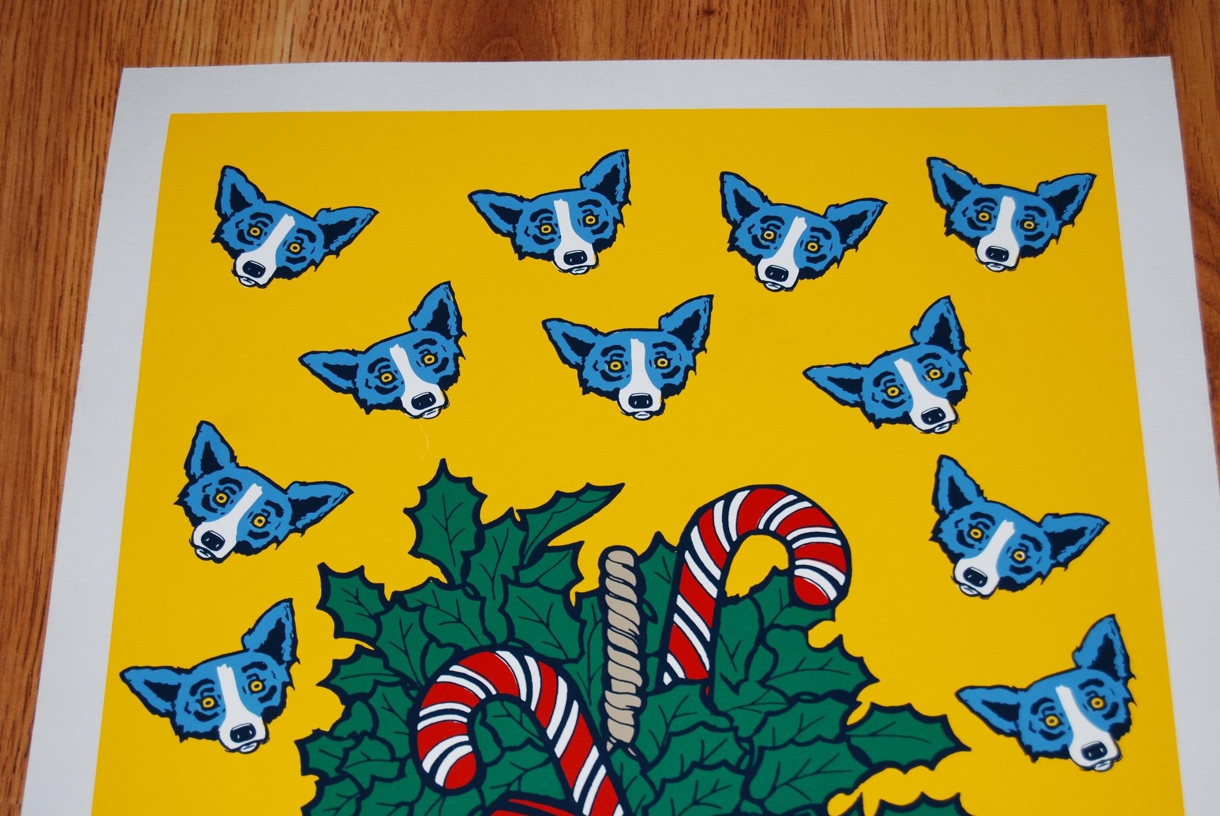 This Blue Dog work consists of a yellow background with 15 dog heads, a basket of holly & candy canes embellished with a red and blue striped ribbon.  All the dog faces have soulful yellow eyes.  This pop art animal original silkscreen print on