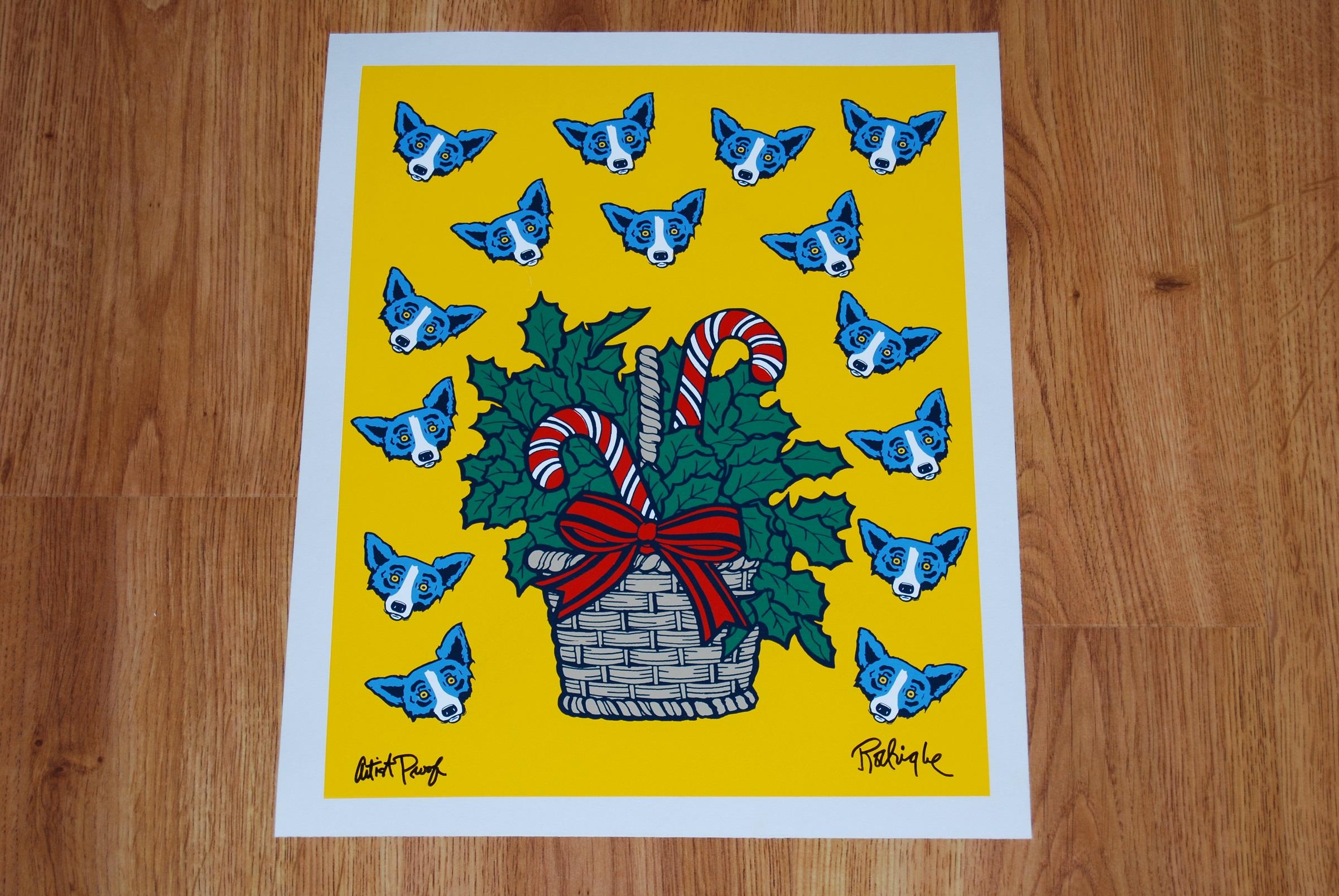 High On Sugar - Signed Silkscreen Print Blue Dog Holiday Print Sale - Yellow Animal Print by George Rodrigue