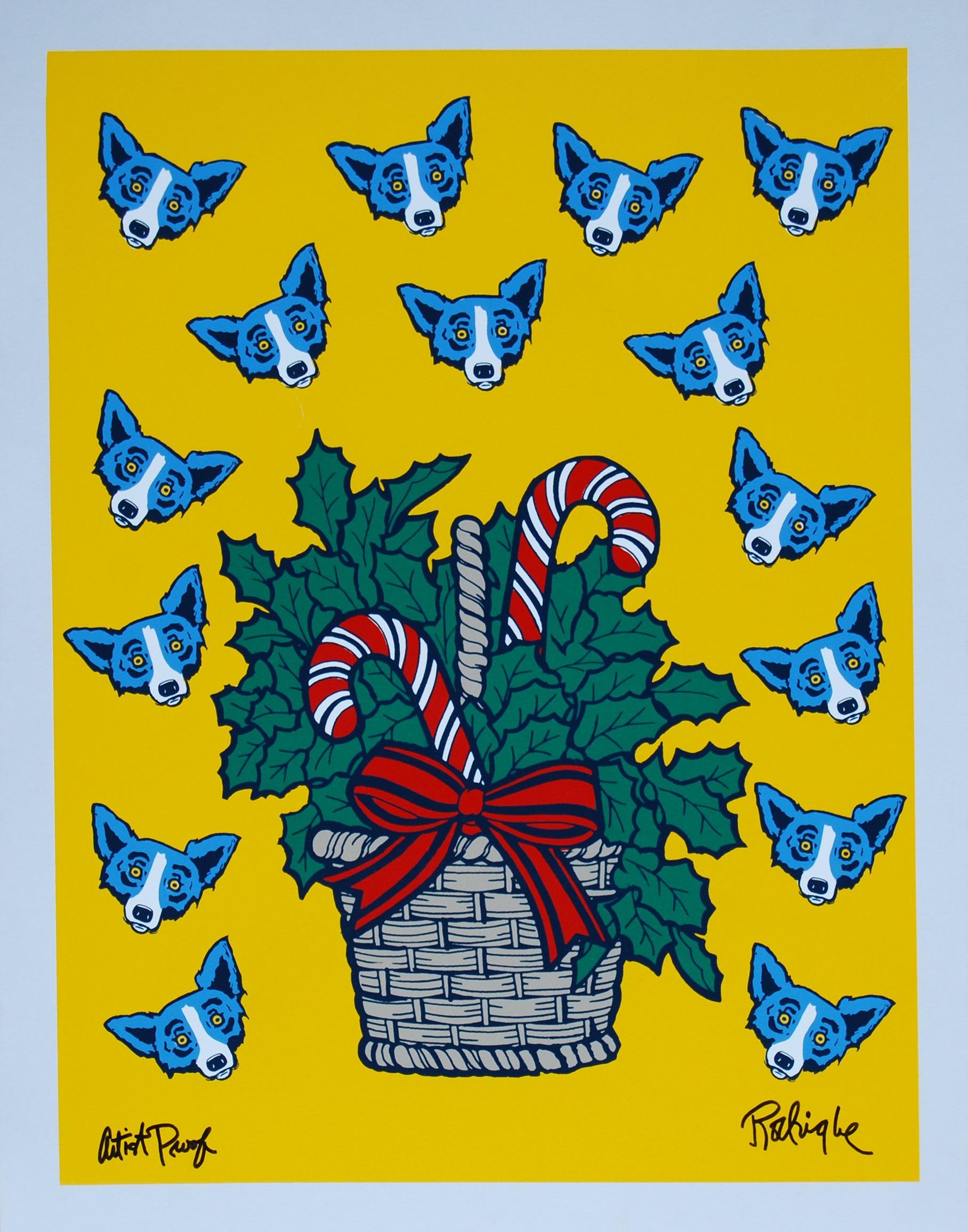 George Rodrigue Animal Print - High On Sugar - Signed Silkscreen Print Blue Dog Holiday Print Sale