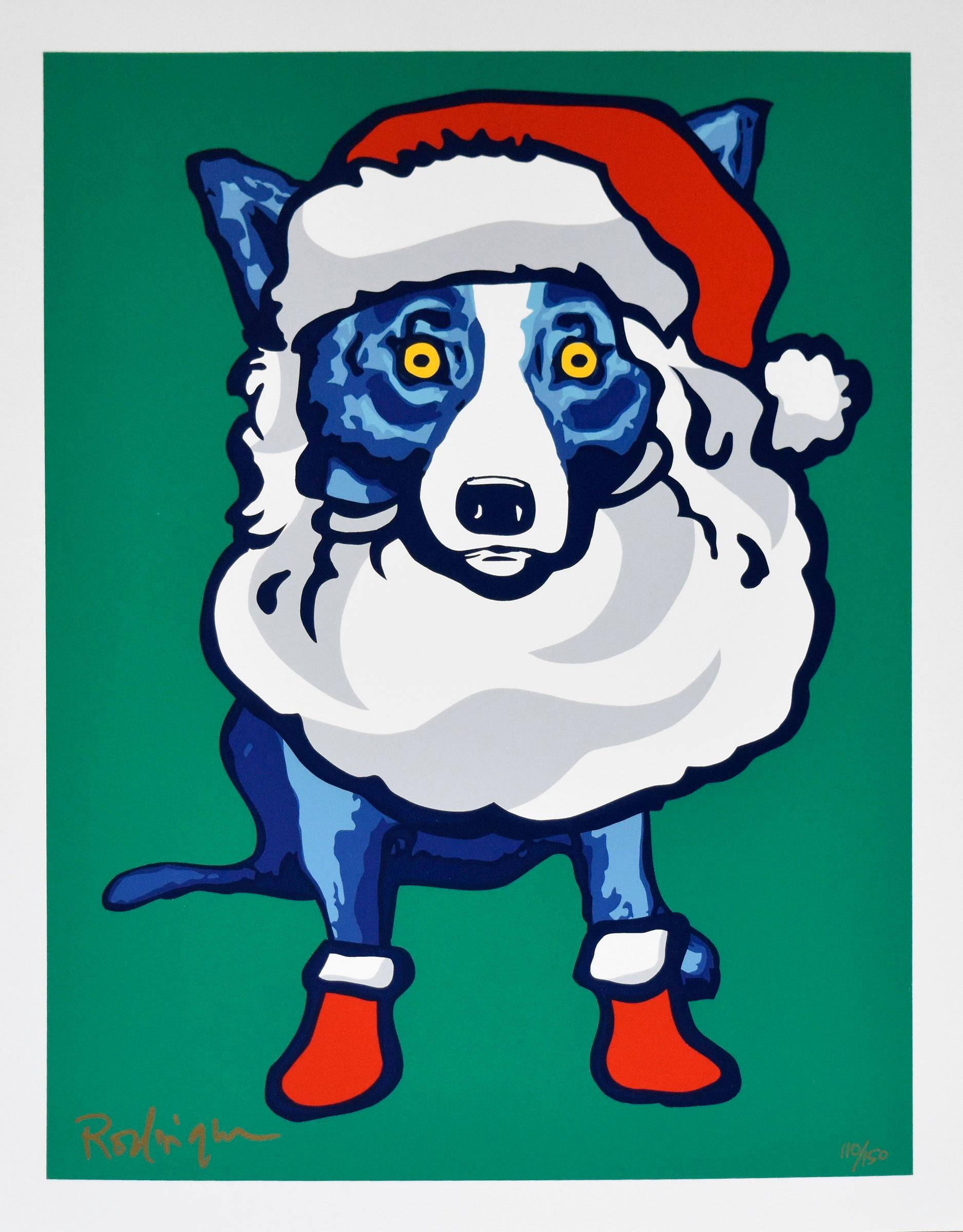 George Rodrigue Animal Print - Ho-Ho-Ho - Signed Slikscreen Print Blue Dog