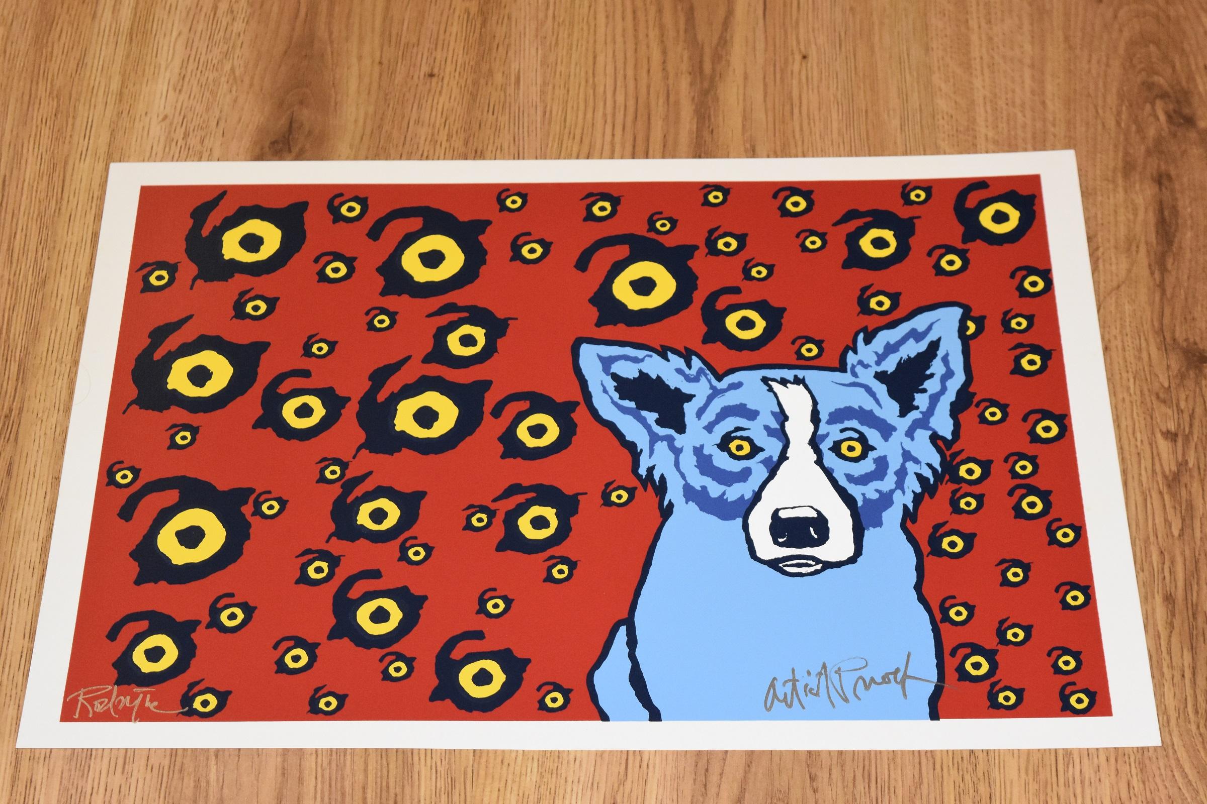 I see You, You See Me Red – Blauer Seidendruck mit blauem Hund, signiert – Print von George Rodrigue