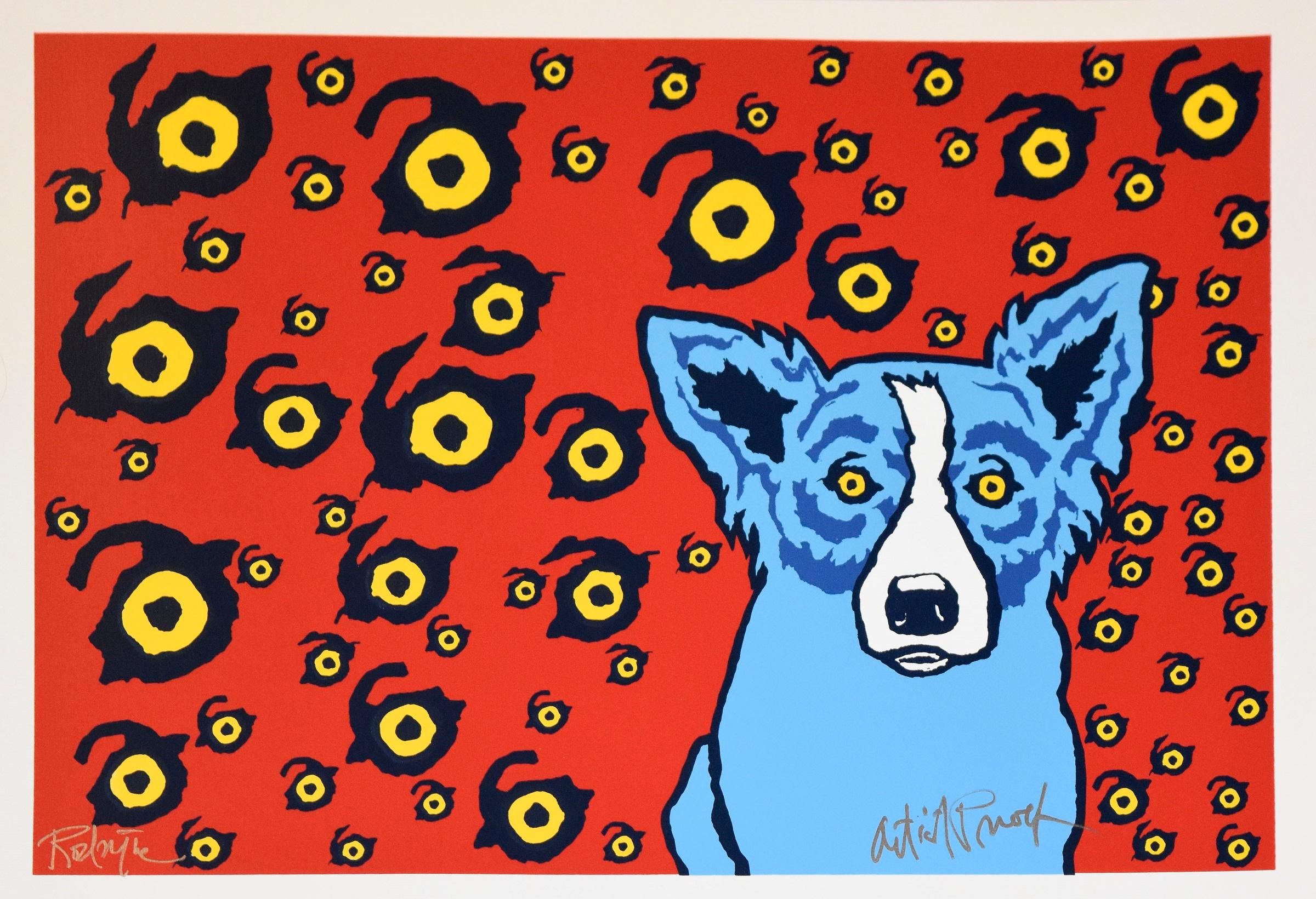 George Rodrigue Animal Print - I see You, You See Me Red - Signed Silkscreen Print Blue Dog