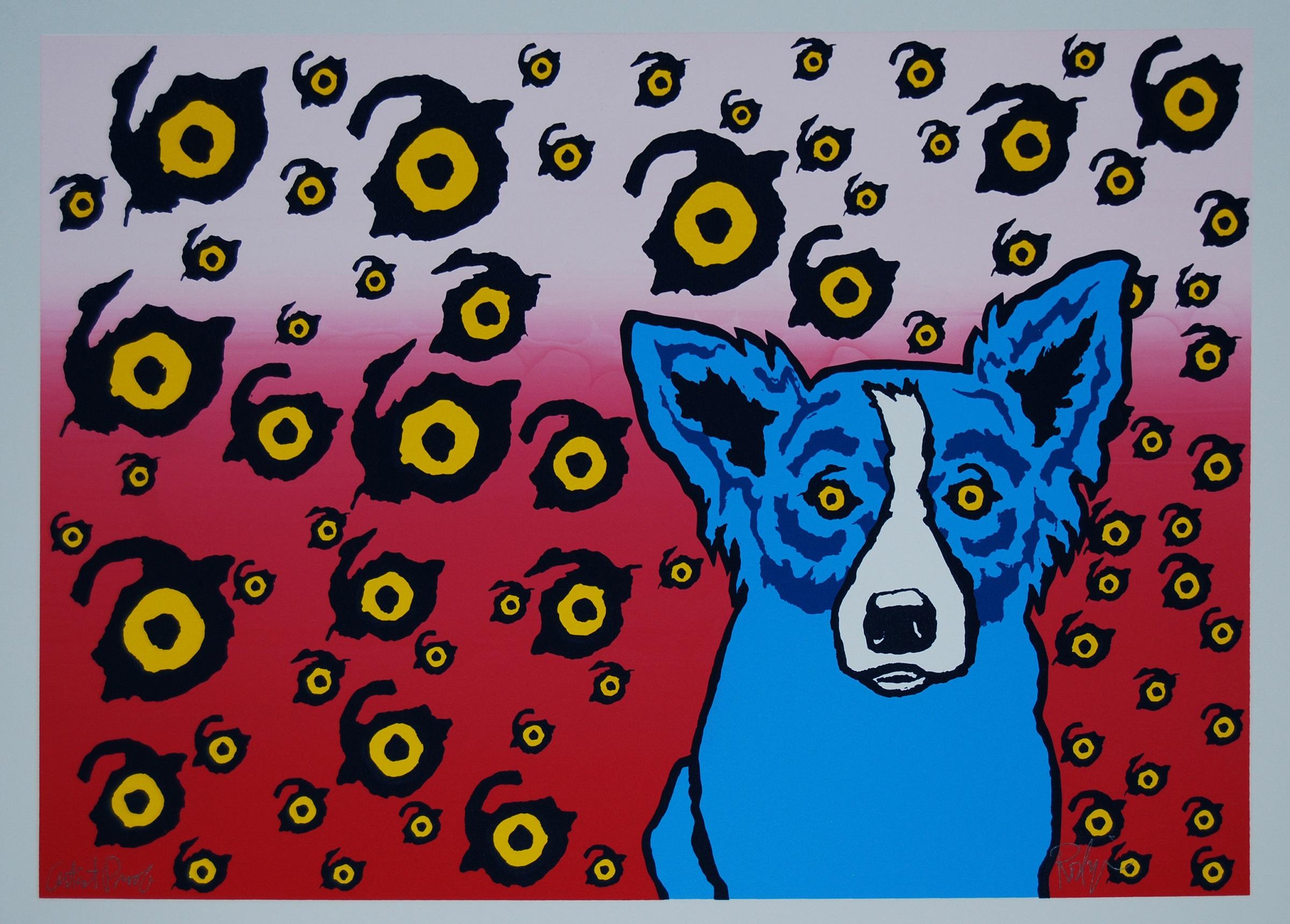 George Rodrigue Animal Print - I See You, You See Me Split Font - Signed Silkscreen Blue Dog Print
