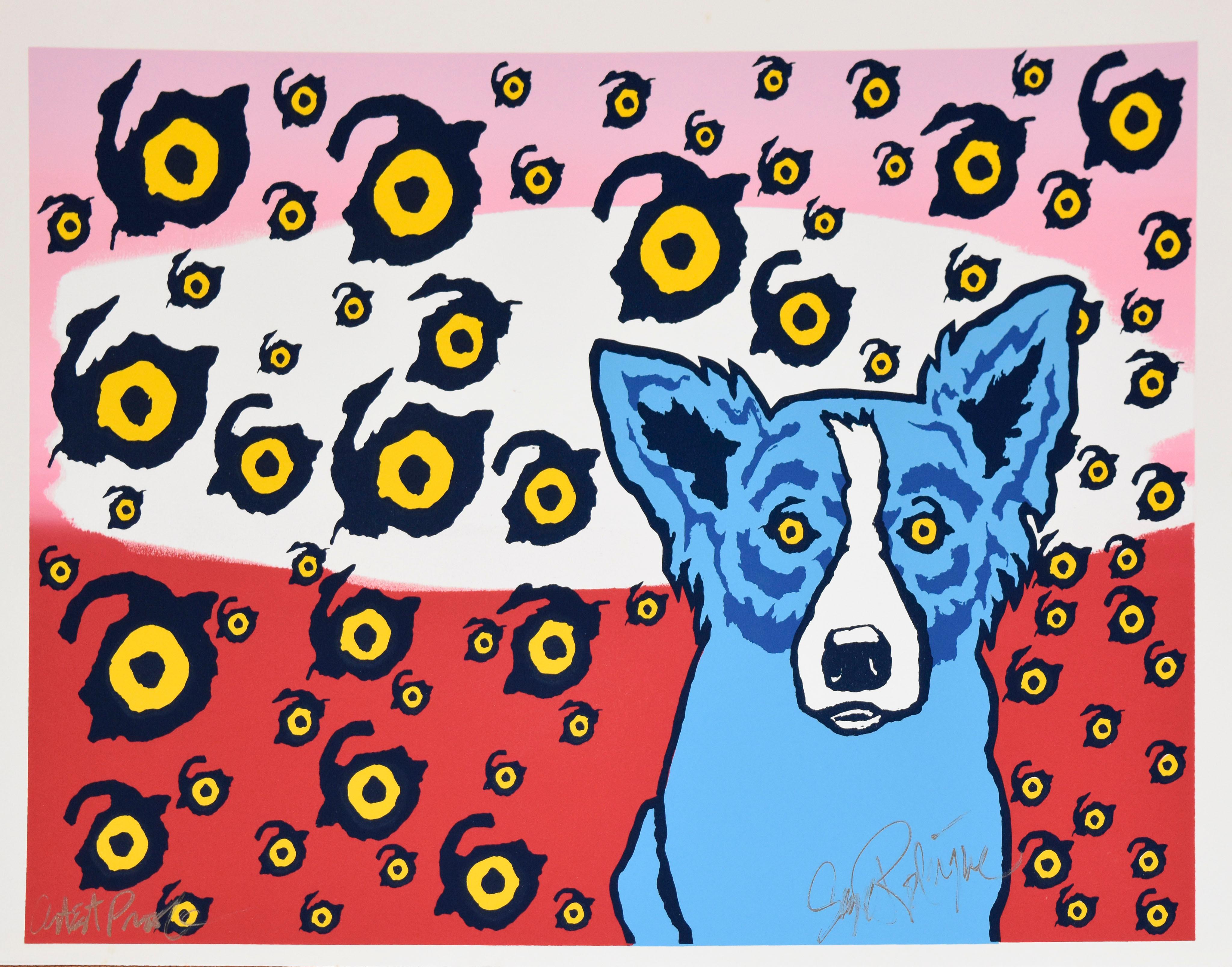 George Rodrigue Animal Print - I See You, You See Me - Split Font Unique - Signed Silkscreen Print - Blue Dog