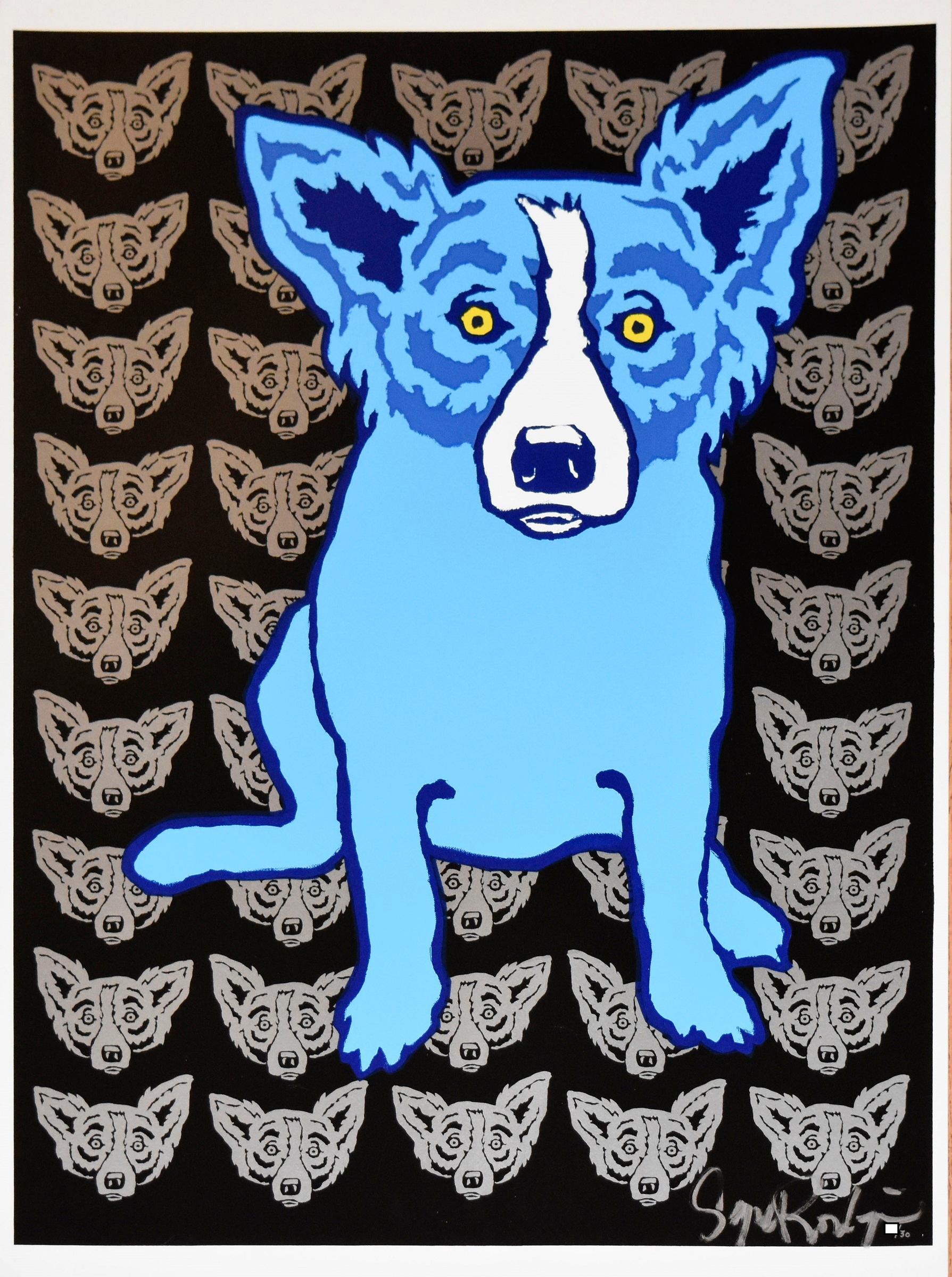 George Rodrigue Animal Print - I'm Always With Myself Silver - Signed Silkscreen Print Blue Dog