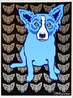 I'm Always With Myself Silver - Sérigraphie en soie imprimée avec chien bleu, signée