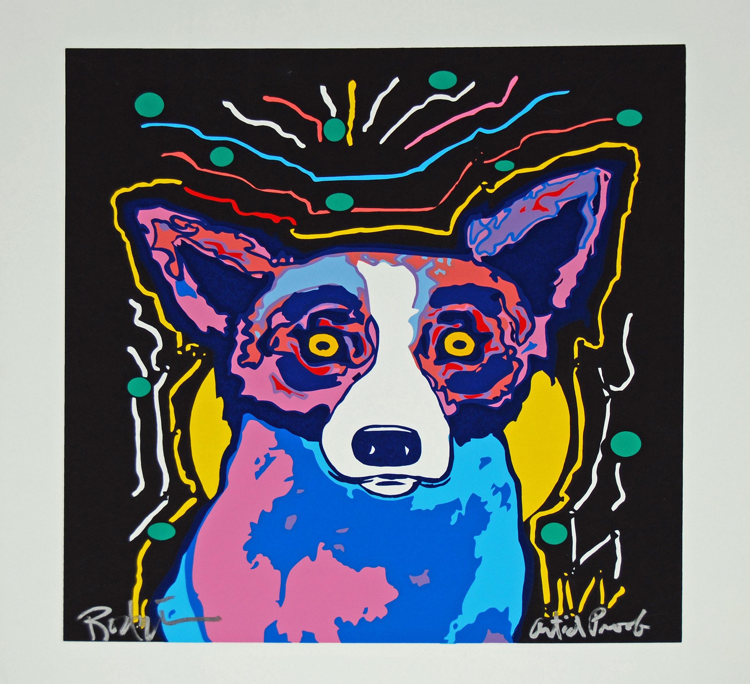 George Rodrigue Animal Print - It's Party Time - Signed Silkscreen Blue Dog Print