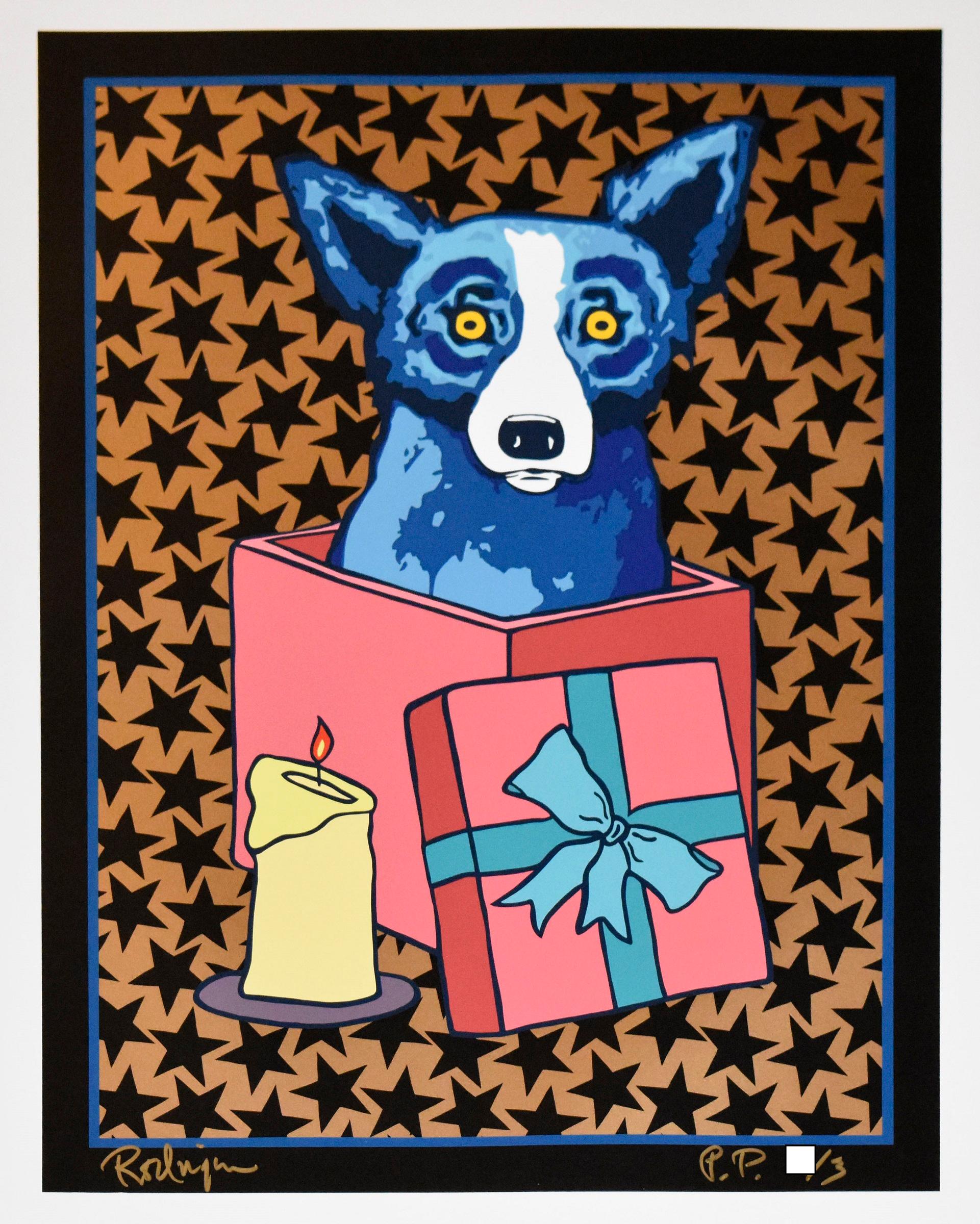 George Rodrigue Animal Print - Jingle My Bells At Night - Black Stars - Signed Silkscreen Print - Blue Dog