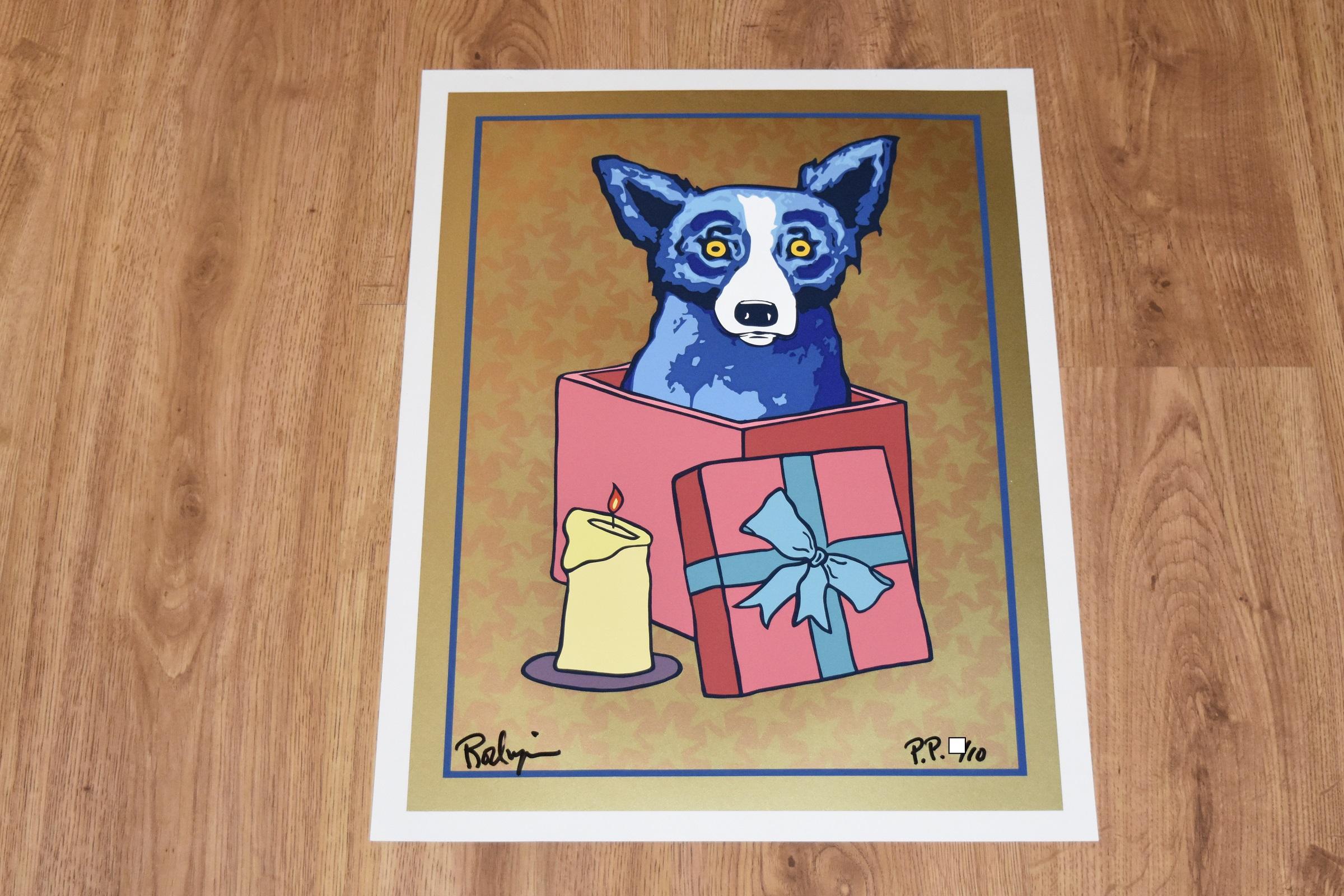 Jingle My Bells At Night - Gold - Signierter Siebdruck - Blauer Hund – Print von George Rodrigue