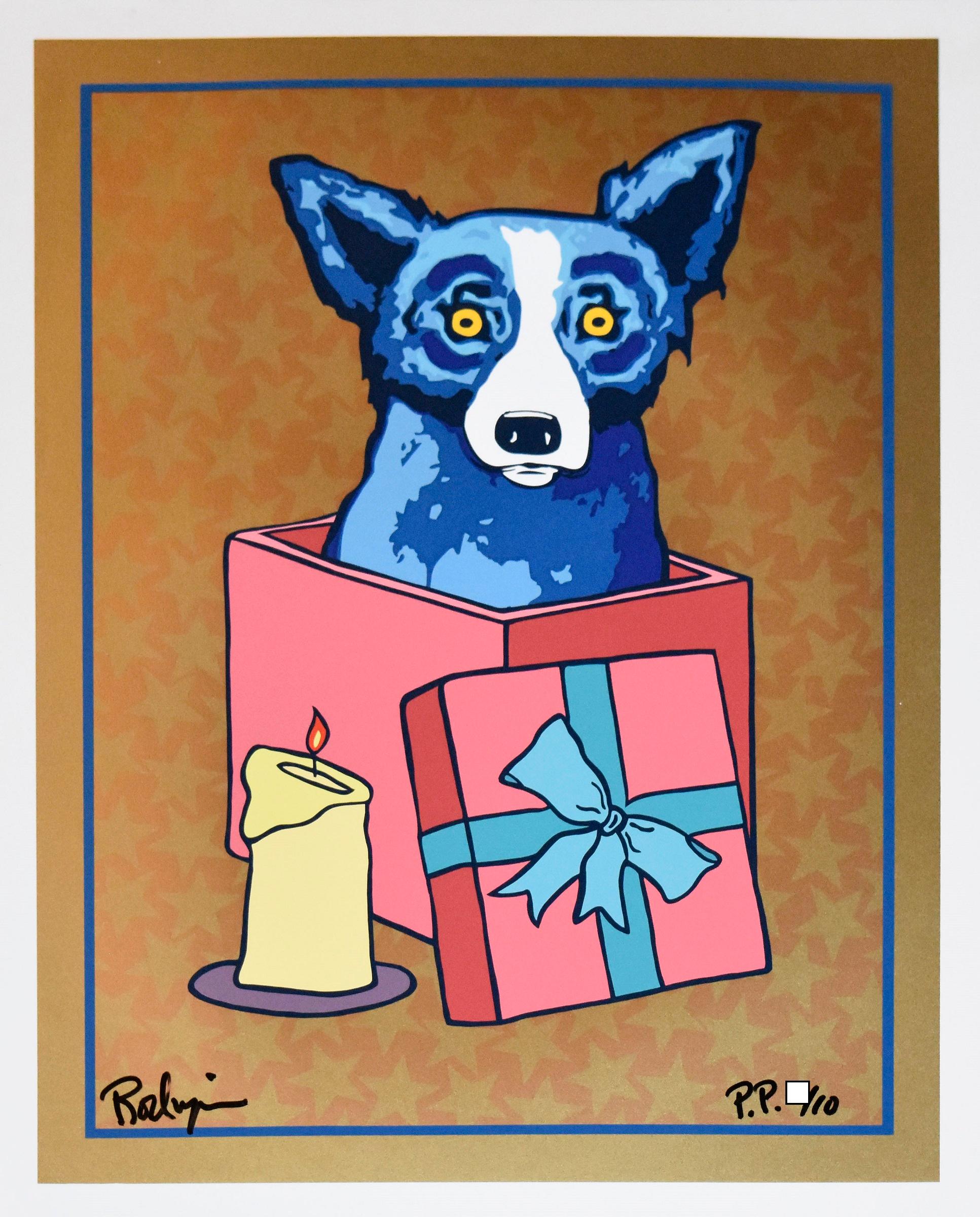 George Rodrigue Animal Print - Jingle My Bells At Night - Gold - Signed Silkscreen Print - Blue Dog