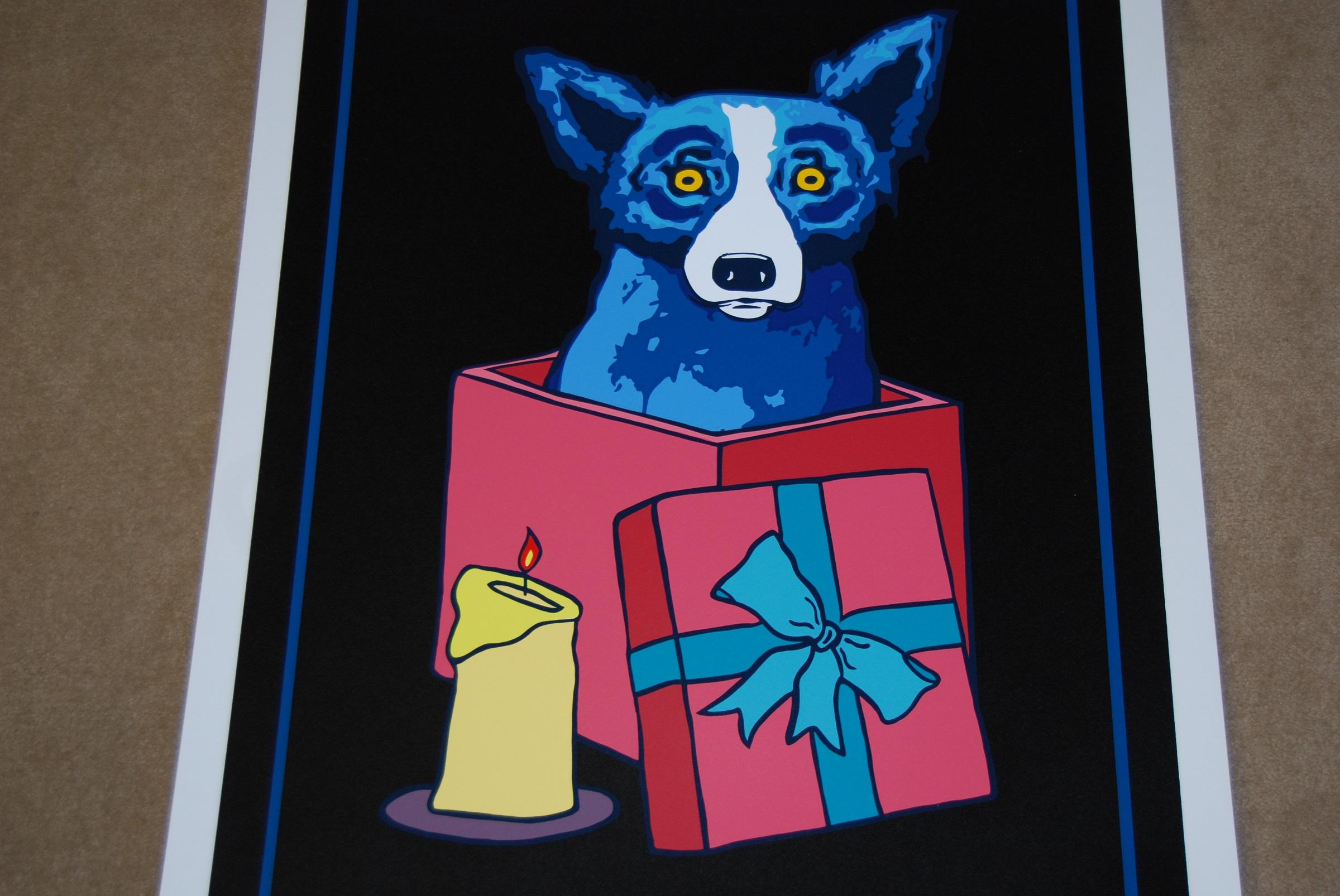 Jingle My Bells At Night - Remarqued w/Flower - Signierter Siebdruck - Blauer Hund – Print von George Rodrigue