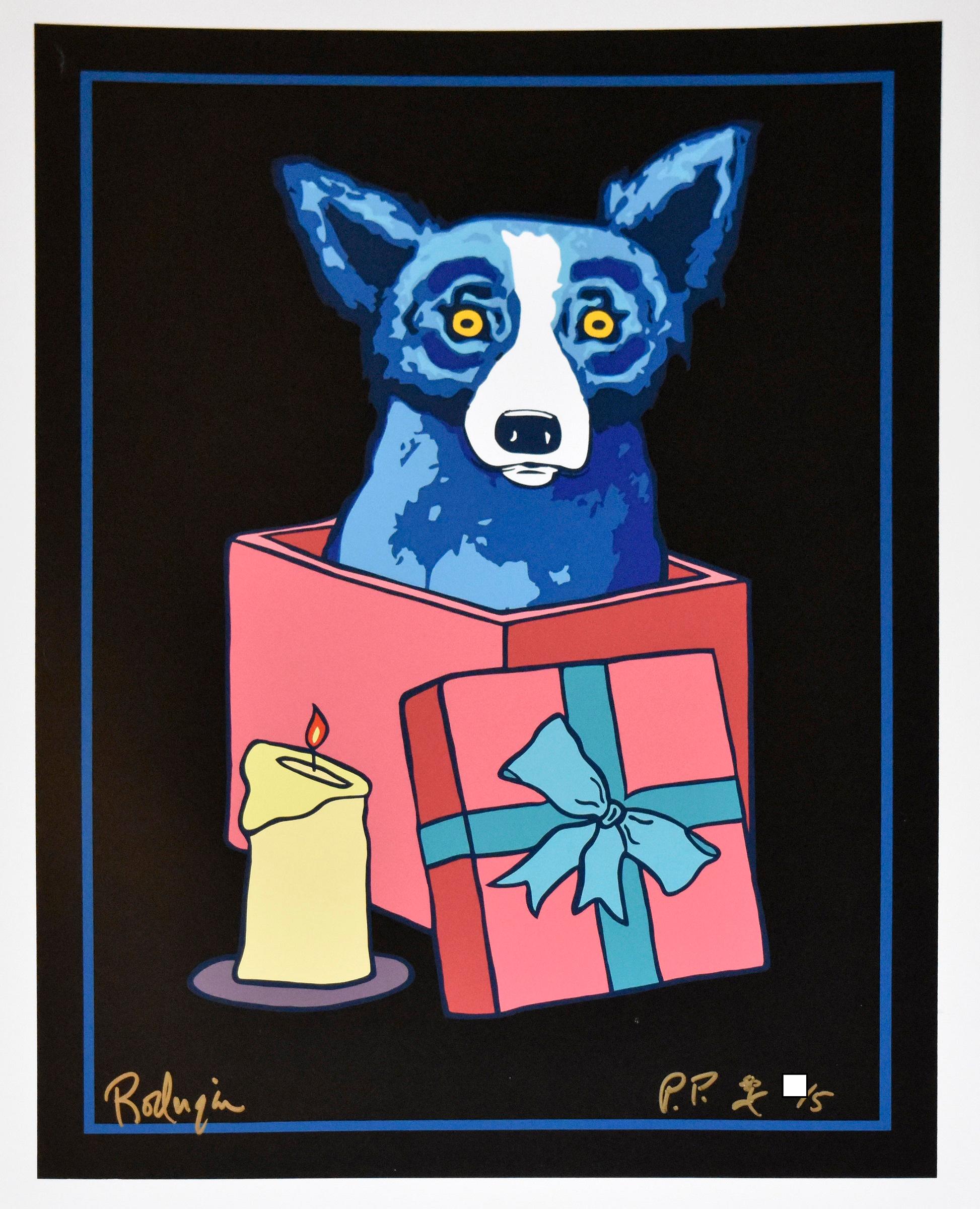 George Rodrigue Animal Print – Jingle My Bells At Night - Remarqued w/Flower - Signierter Siebdruck - Blauer Hund