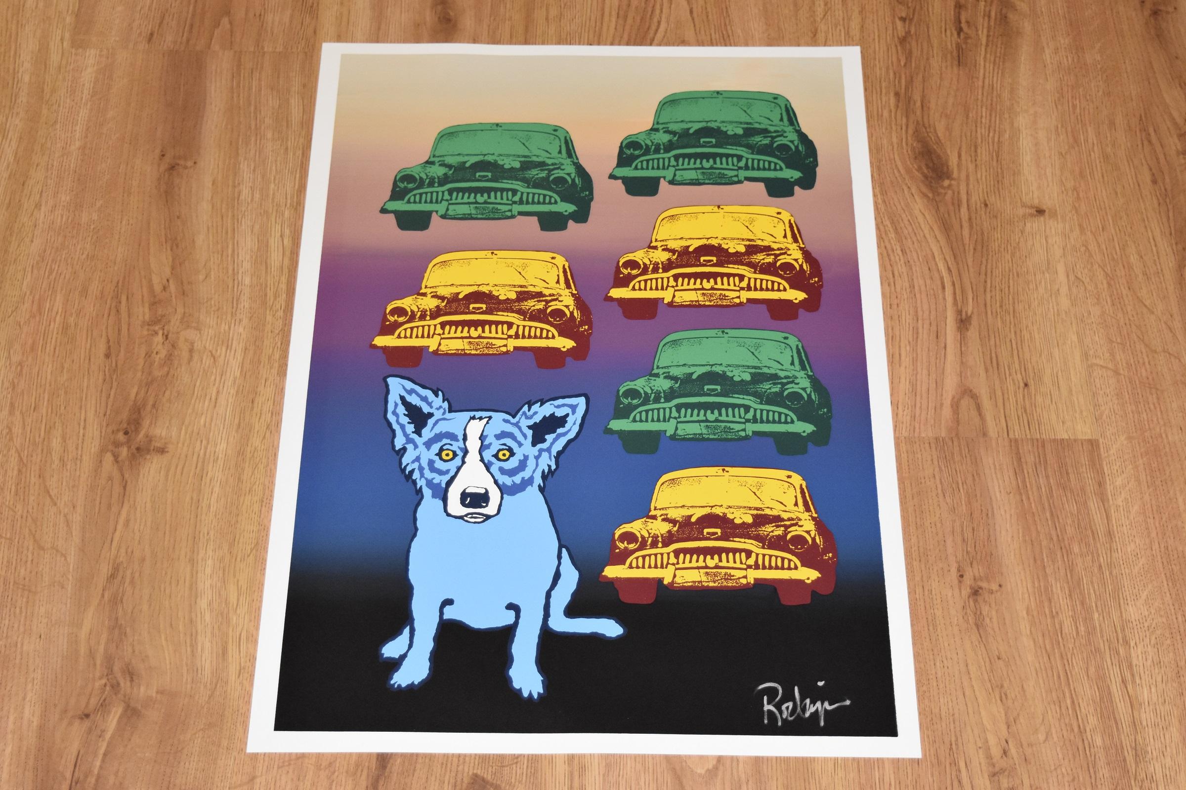 Font fendu Junkyard Dog - Sérigraphie en soie imprimée avec chien bleu signée - Print de George Rodrigue