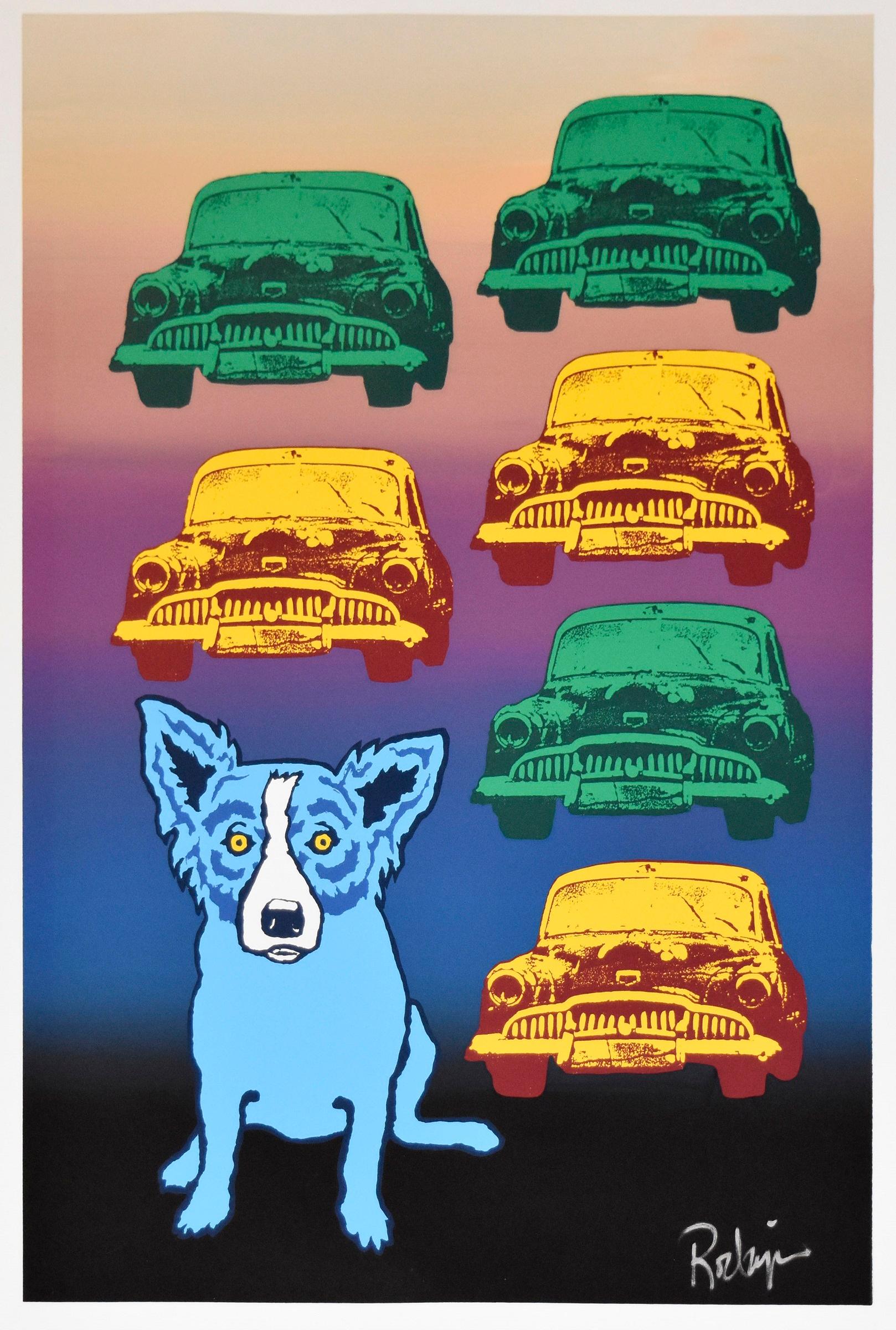 George Rodrigue Animal Print - Junkyard Dog - Split Font - Signed Silkscreen Print Blue Dog