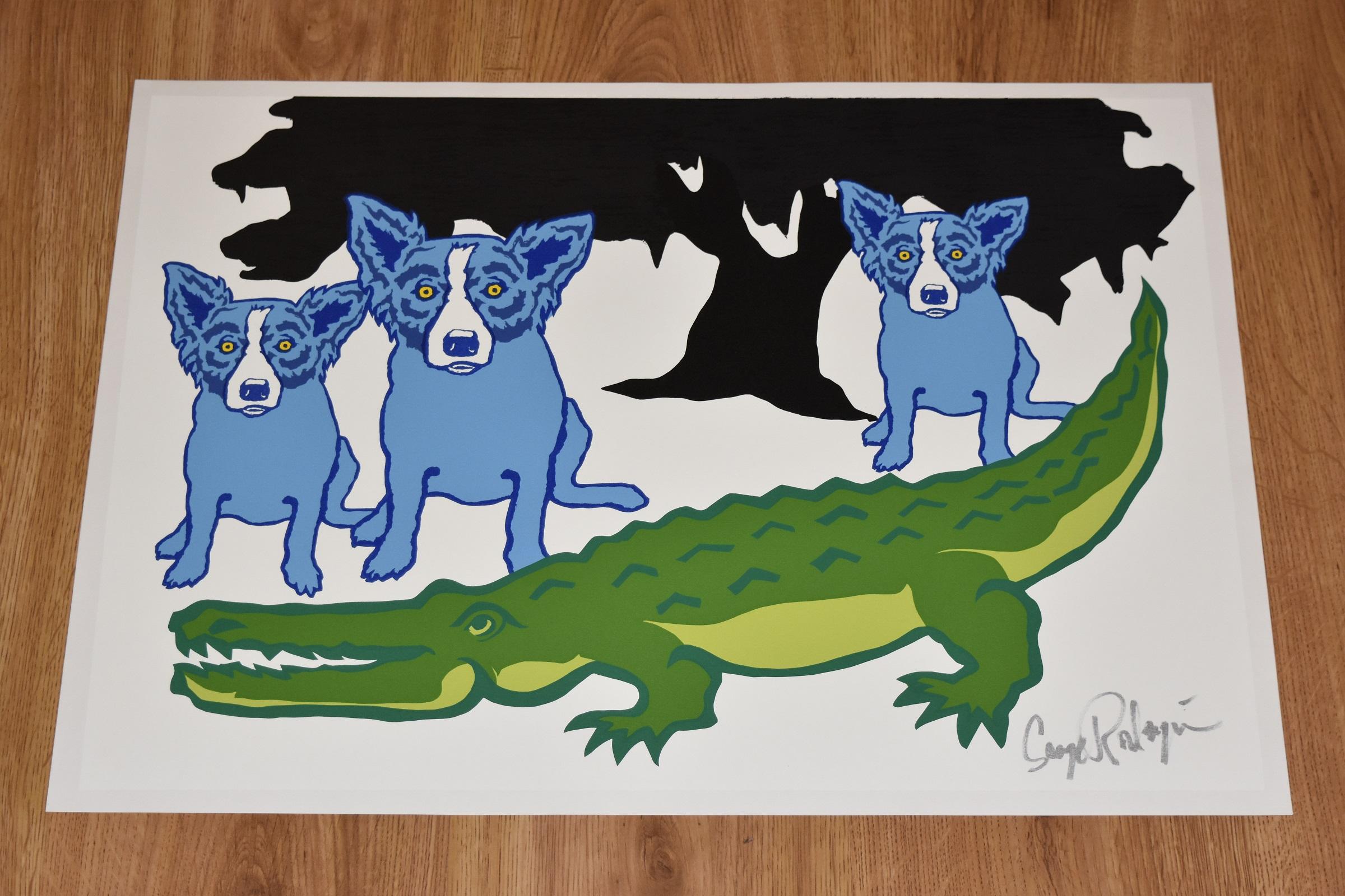 Plus tard Gator - Blanc - Impression sérigraphiée en soie avec chien bleu signée - Print de George Rodrigue