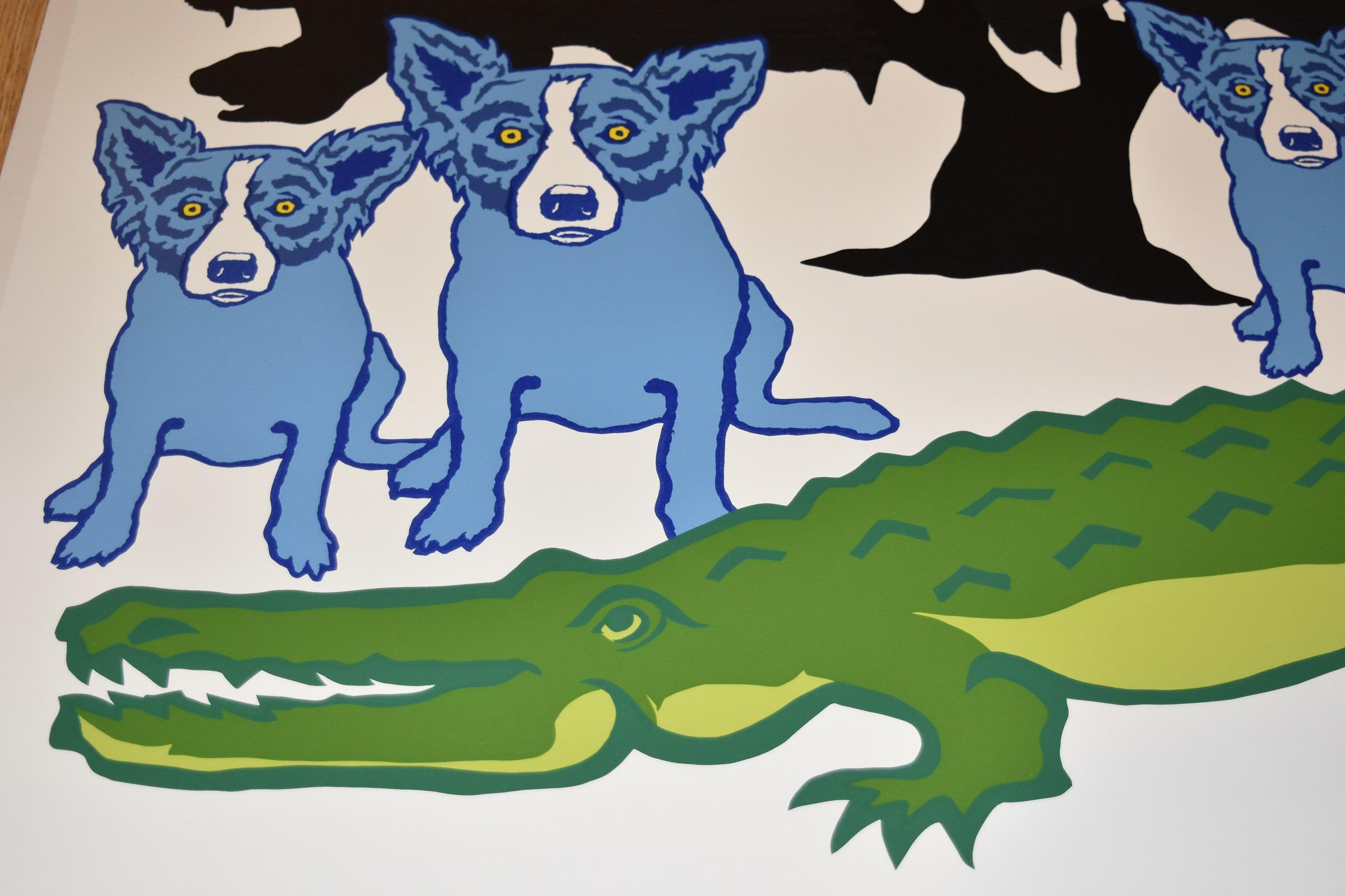 Plus tard Gator - Blanc - Impression sérigraphiée en soie avec chien bleu signée - Pop Art Print par George Rodrigue