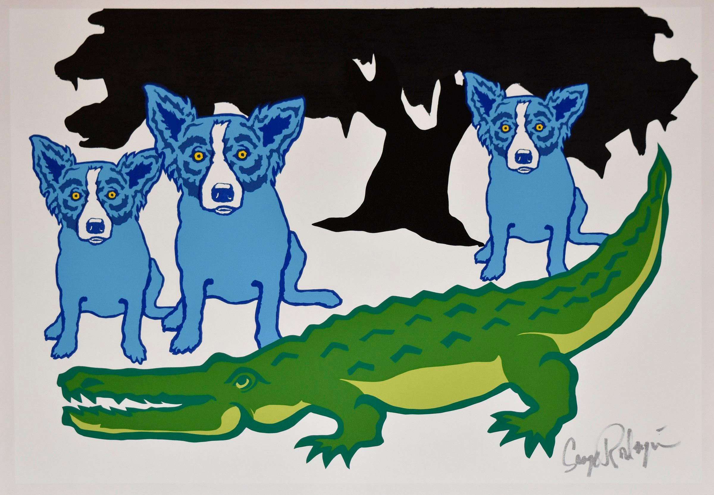 Animal Print George Rodrigue - Plus tard Gator - Blanc - Impression sérigraphiée en soie avec chien bleu signée