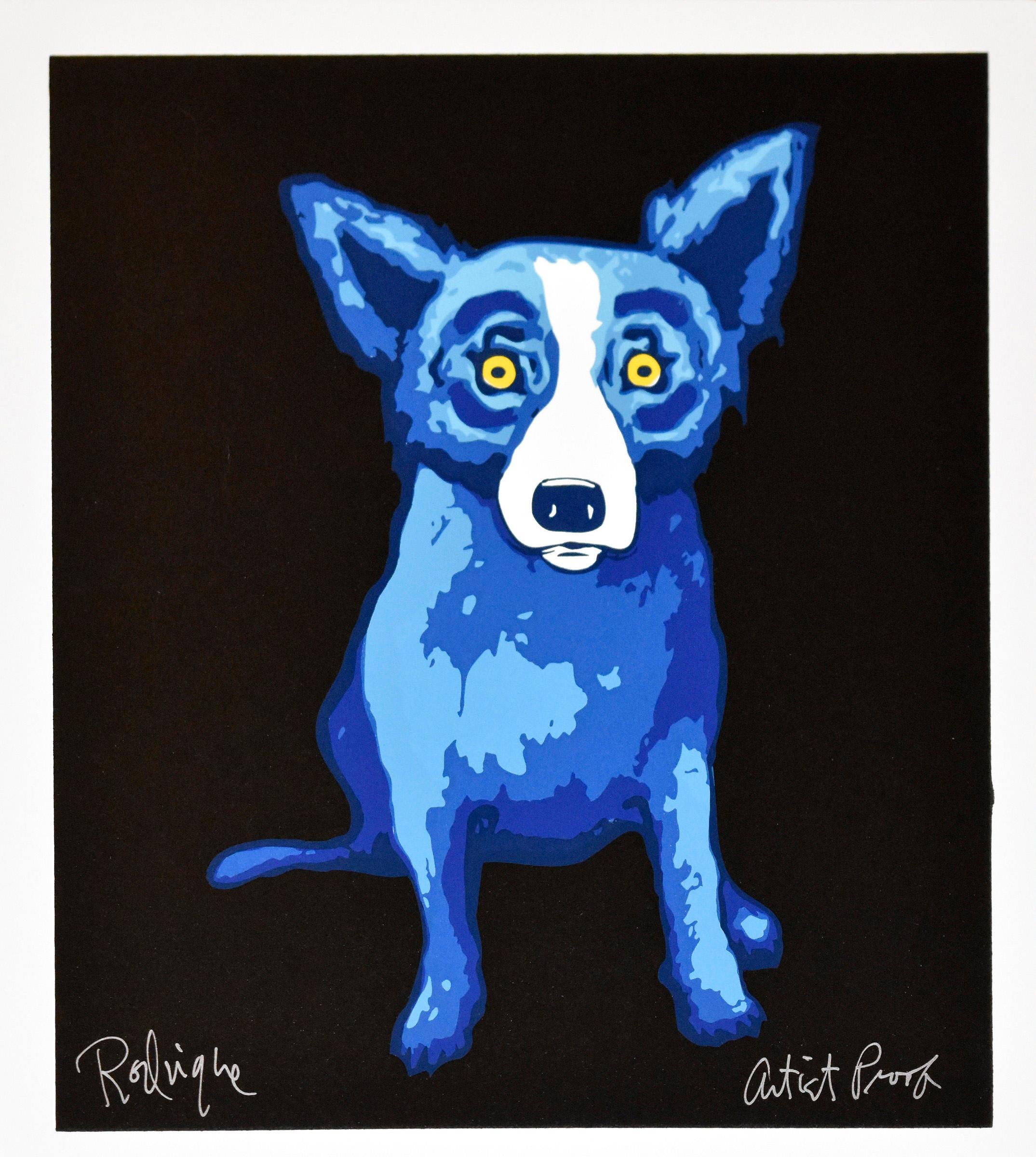 George Rodrigue Animal Print - Li'l Blue Dog Black - Signed Silkscreen Print Blue Dog