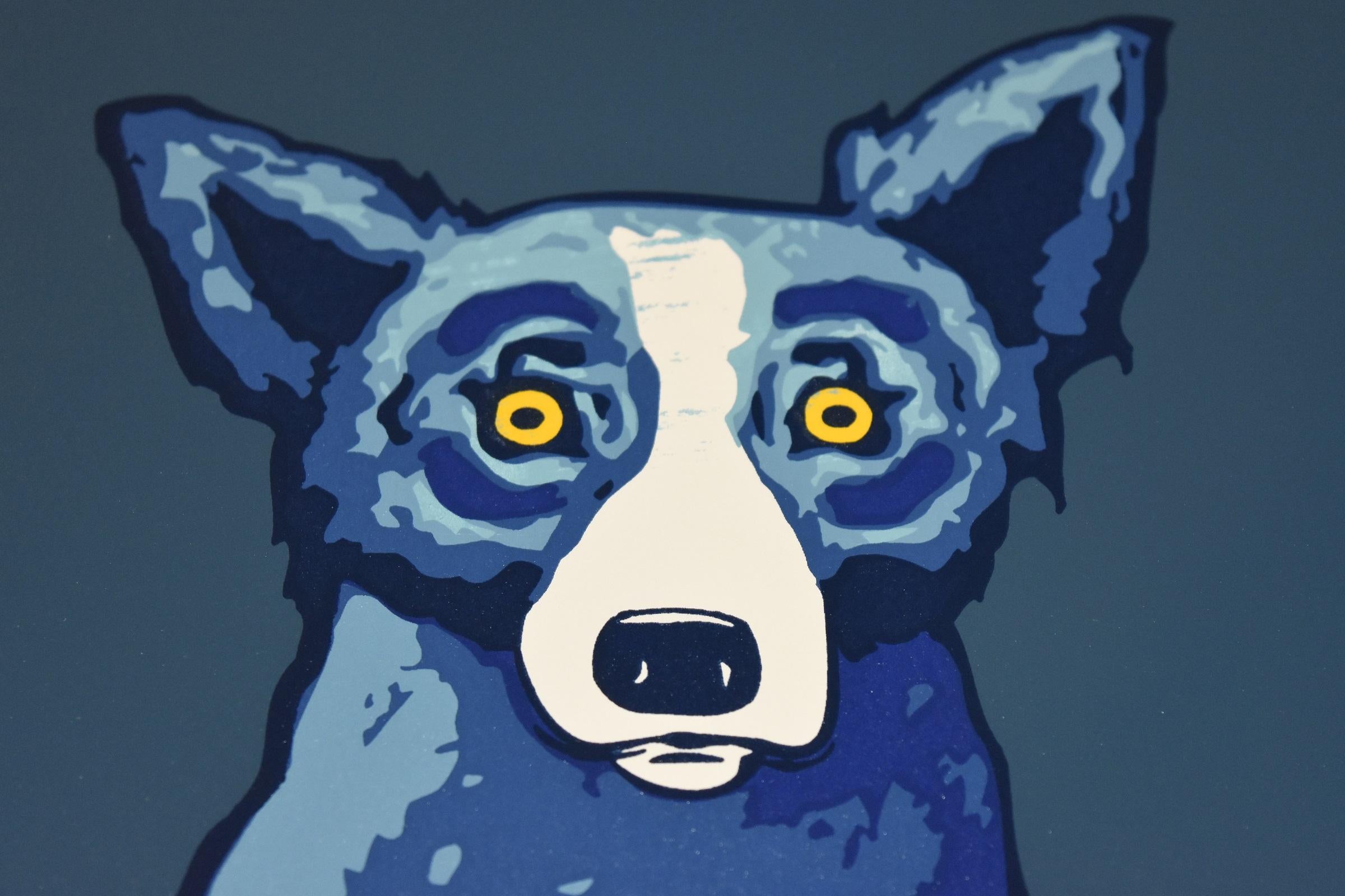 This Blue Dog work consists of one dog sitting center on a cobalt blue background.  The dog has soulful yellow eyes.  This pop art animal original silkscreen print on paper is guaranteed authentic and is hand signed by the artist.

Artist:  George
