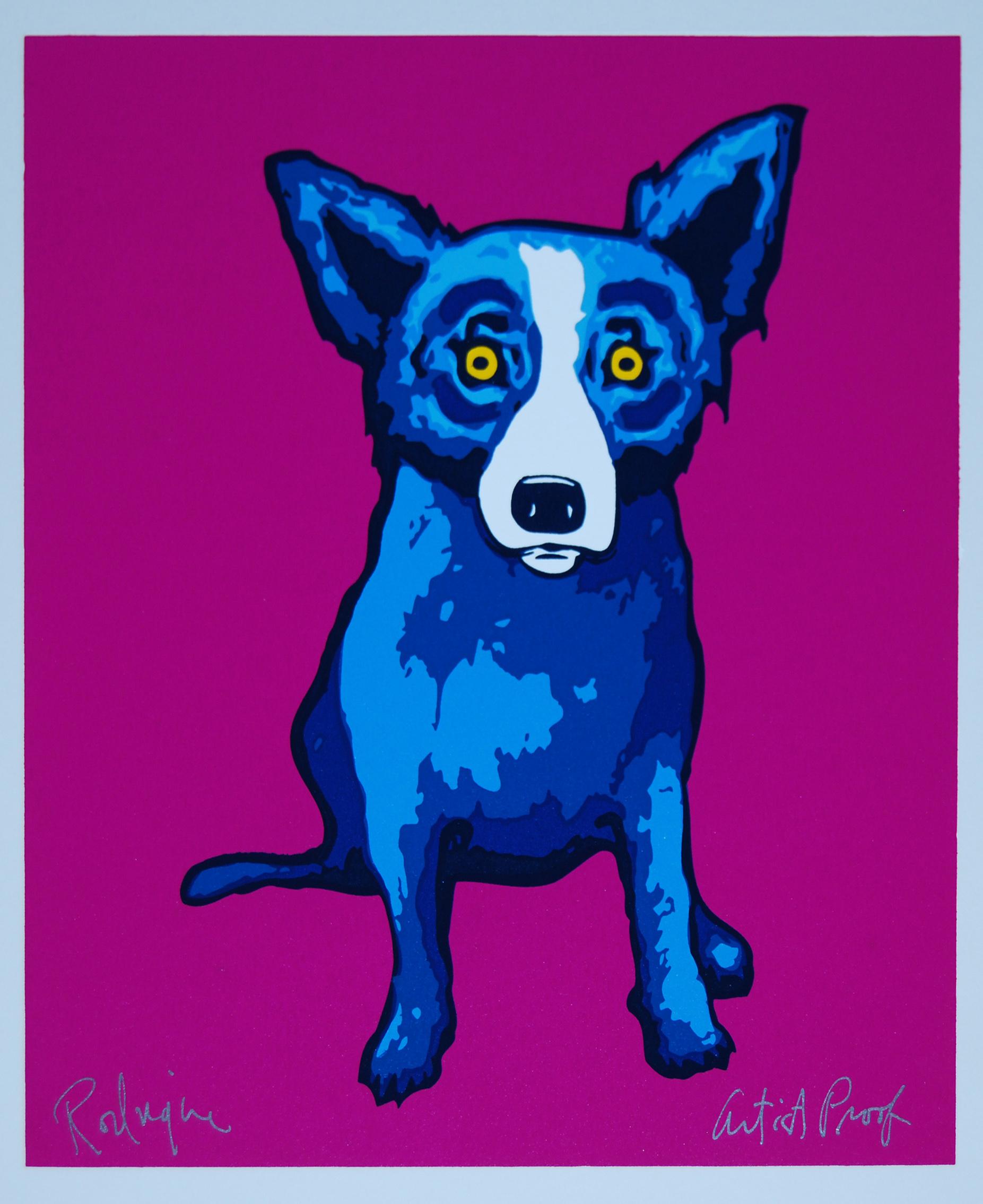 George Rodrigue Animal Print - Li'l Blue Dog Magenta - Signed Silkscreen Print Blue Dog