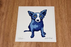 Li'l Blue Dog White - Signierter Siebdruck - Blauer Hund