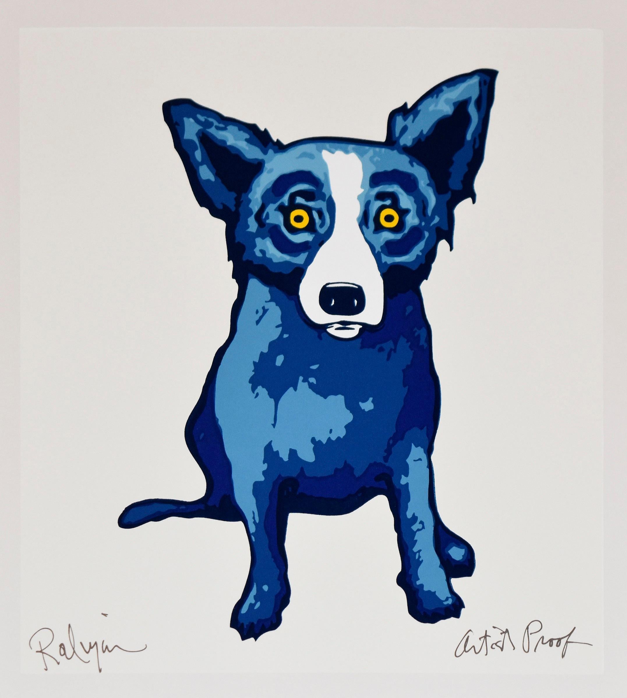 George Rodrigue Animal Print - Li'l Blue Dog White - Signed Silkscreen Print - Blue Dog