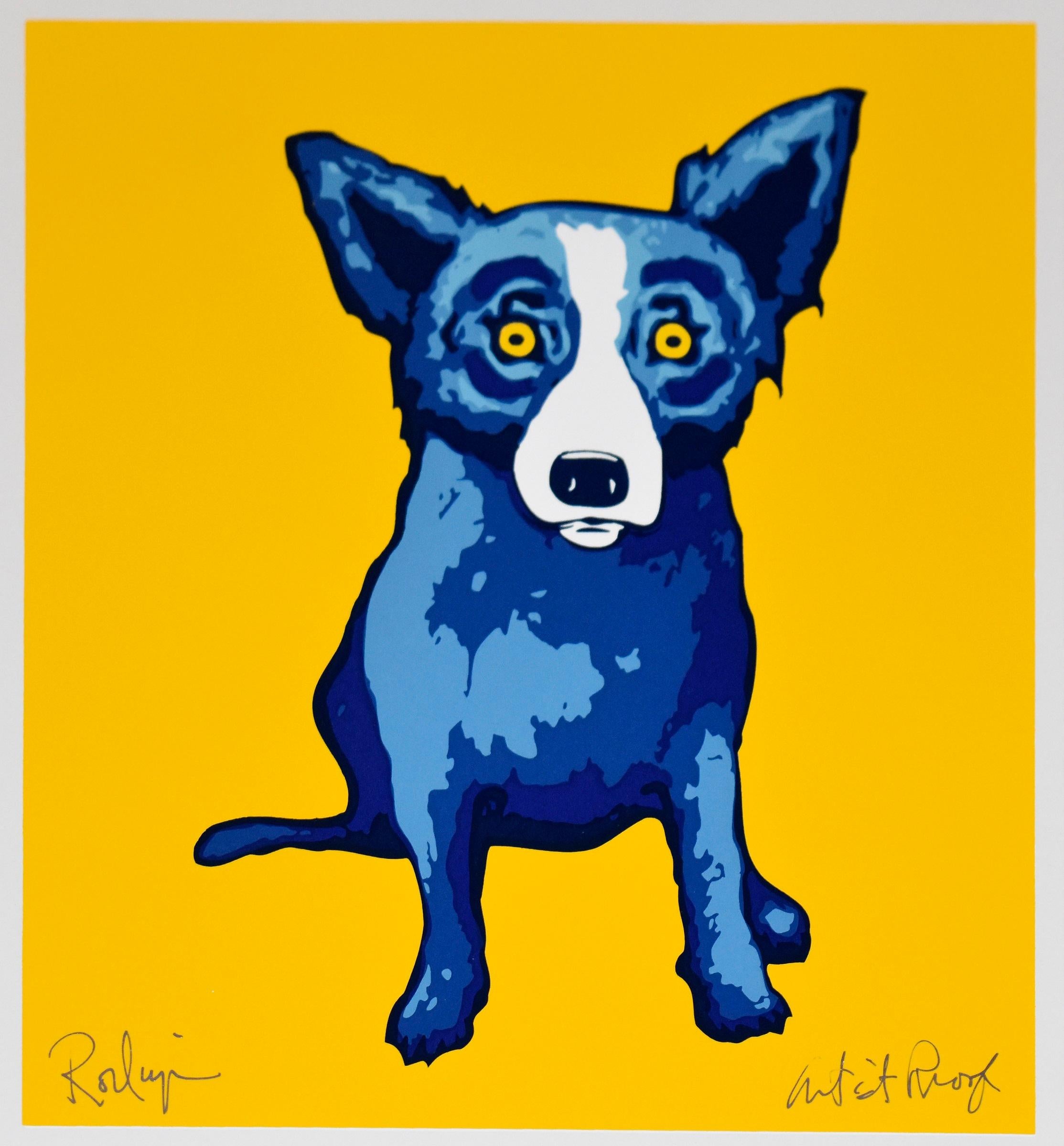 George Rodrigue Animal Print - Li'l Blue Dog - Yellow - Signed Silkscreen Print Blue Dog