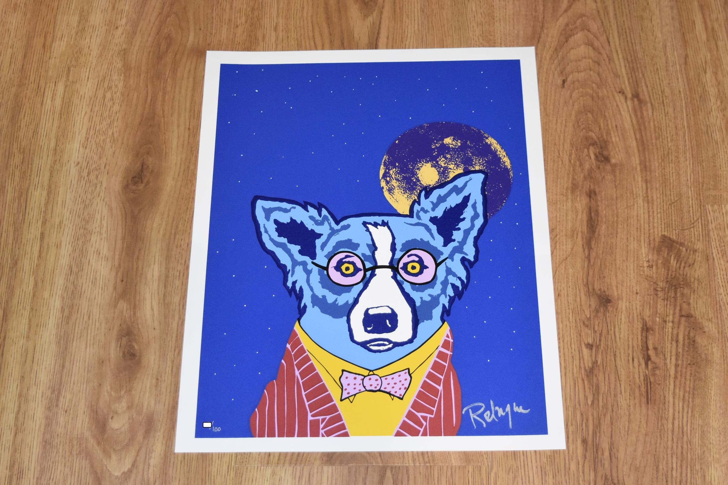 This Blue Dog work consists of a blue dog on a blue background with tiny white dots (stars) and a blue and yellow moon. The dog is dressed in a red jacket with white pinstripes, a yellow shirt, and a polka-dot bowtie and is wearing rose-colored