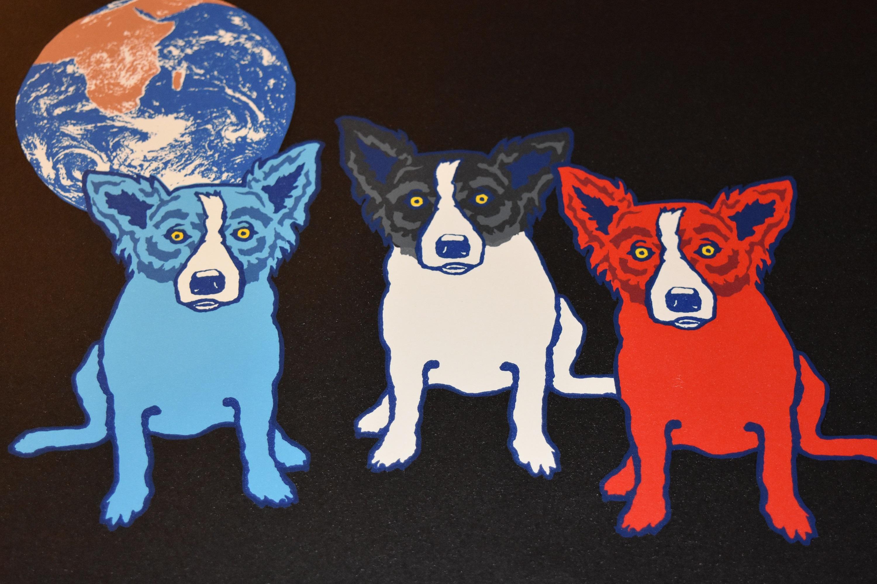 Looking For the Moon – Blauer Seidendruck mit blauem Hund (Pop-Art), Print, von George Rodrigue