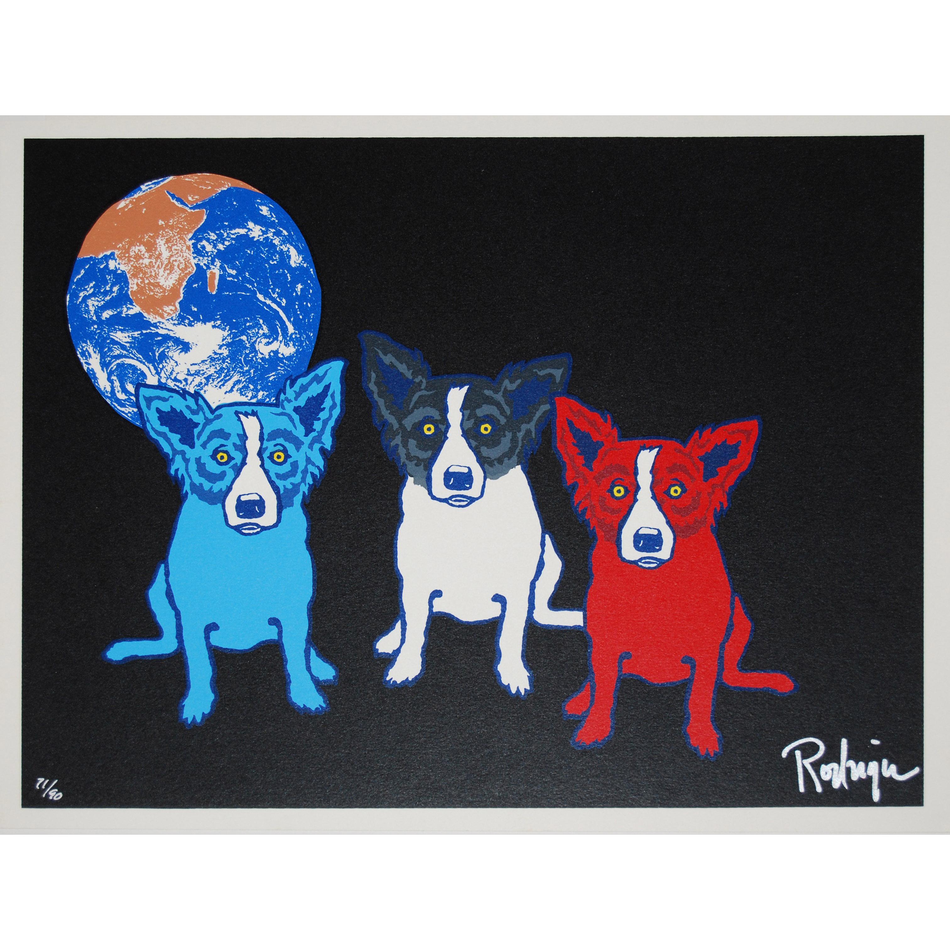 George Rodrigue Animal Print – Looking For the Moon – Blauer Seidendruck mit blauem Hund