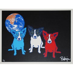 Vintage Looking For the Moon - Signed Silkscreen Print Blue Dog