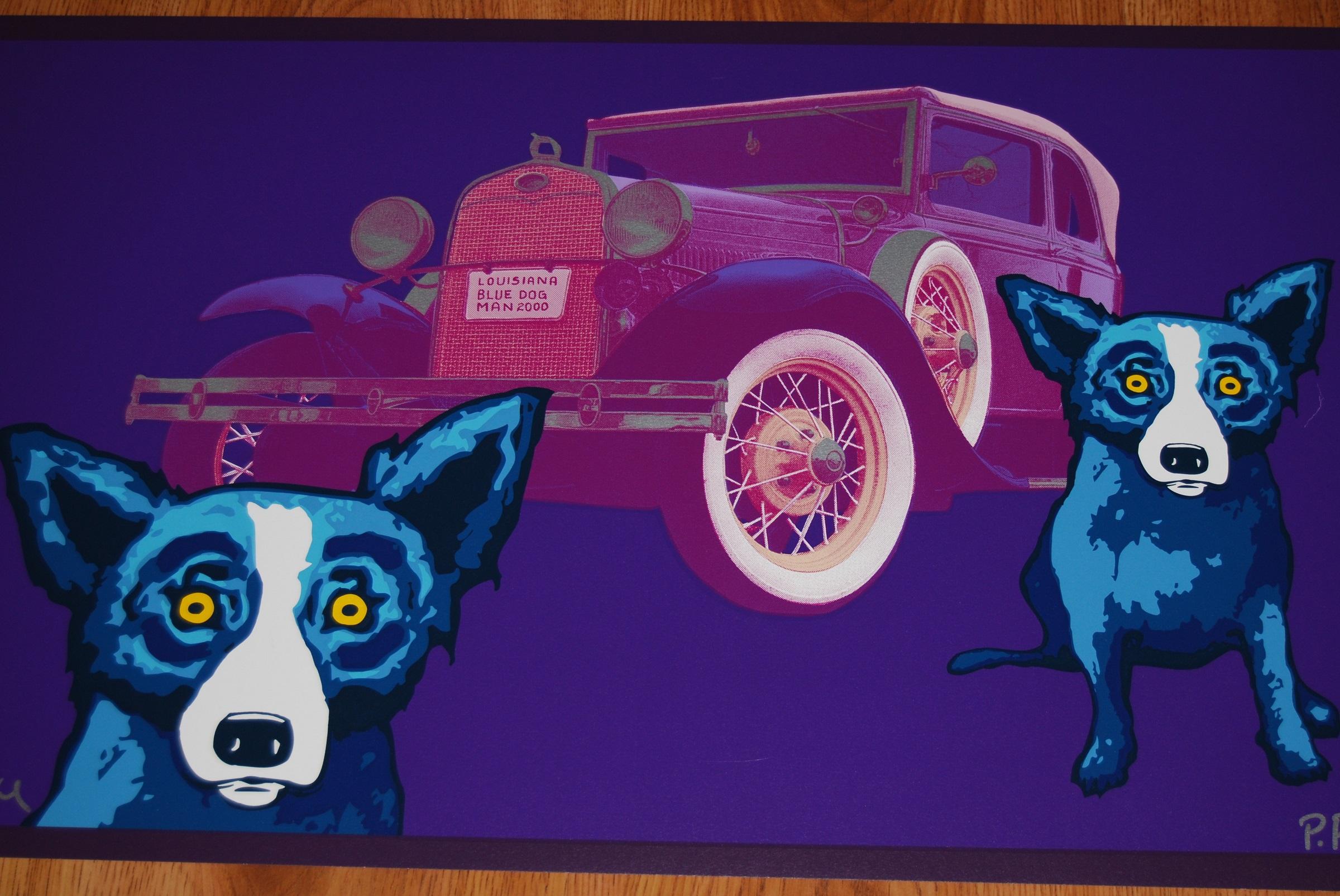 Blauer Hundemann aus Louisiana – signierter Siebdruck mit blauem Hundedruck aus Seide (Pop-Art), Print, von George Rodrigue