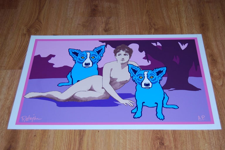 This Blue Dog work consists of varying shades of purple including a dark purple tree as the background setting.  There are 2 blue dogs with a naked female between them.  Both dogs have soulful yellow eyes and the female has brown hair and brown