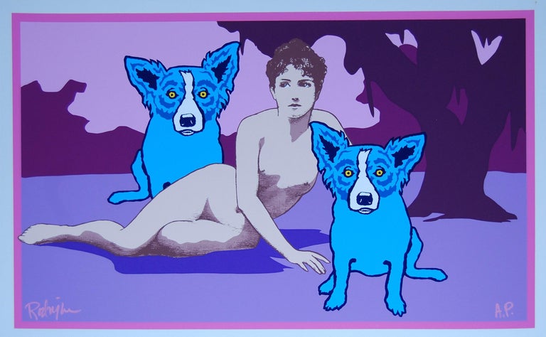George Rodrigue Animal Print - Love Among the Ruins - Signed Silkscreen Blue Dog Print