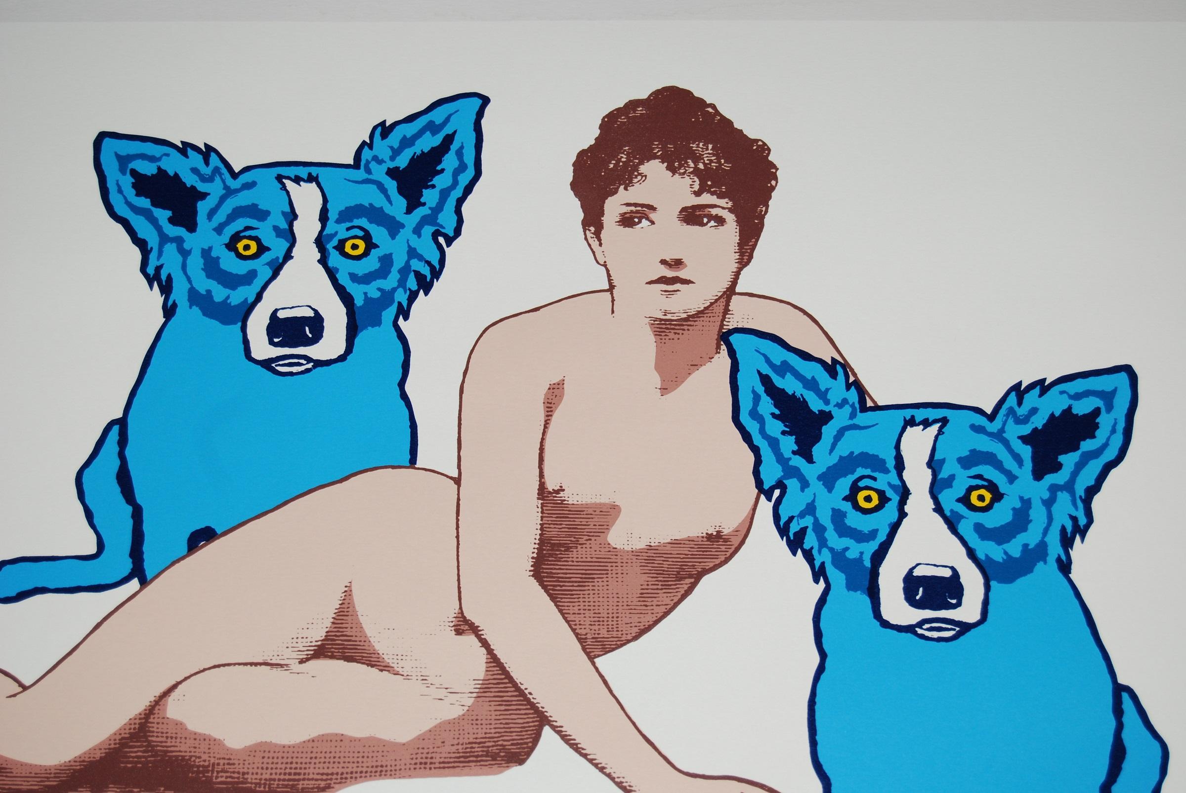 This Blue Dog work consists of a white background.  There are 2 blue dogs with a naked female between them.  Both dogs have soulful yellow eyes and the female has brown hair and brown eyes.  This pop art animal original silkscreen print on paper is