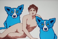 Love Among the Ruins Weiß/No Tree - Signierter blauer Siebdruck mit Hund