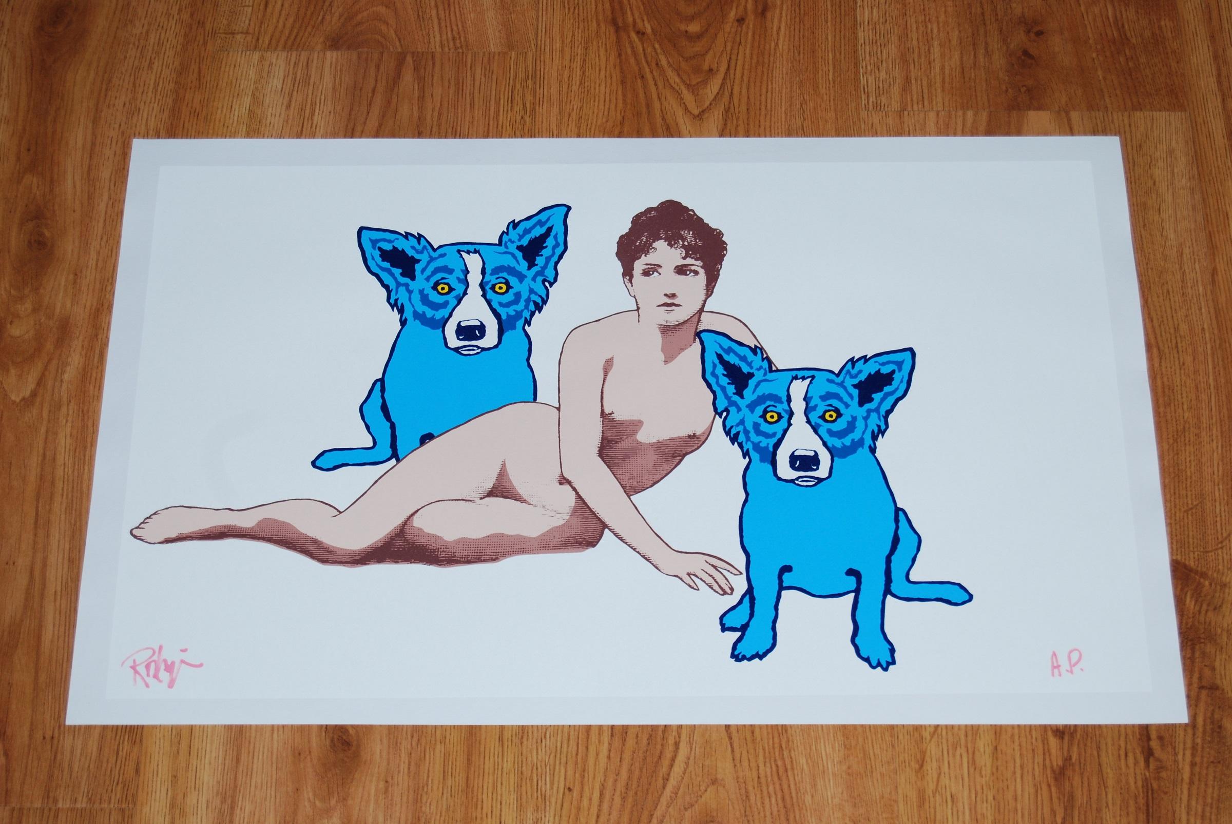 Amore tra le rovine Bianco/Nessun albero - Stampa serigrafica firmata del cane blu - Print Pop Art di George Rodrigue