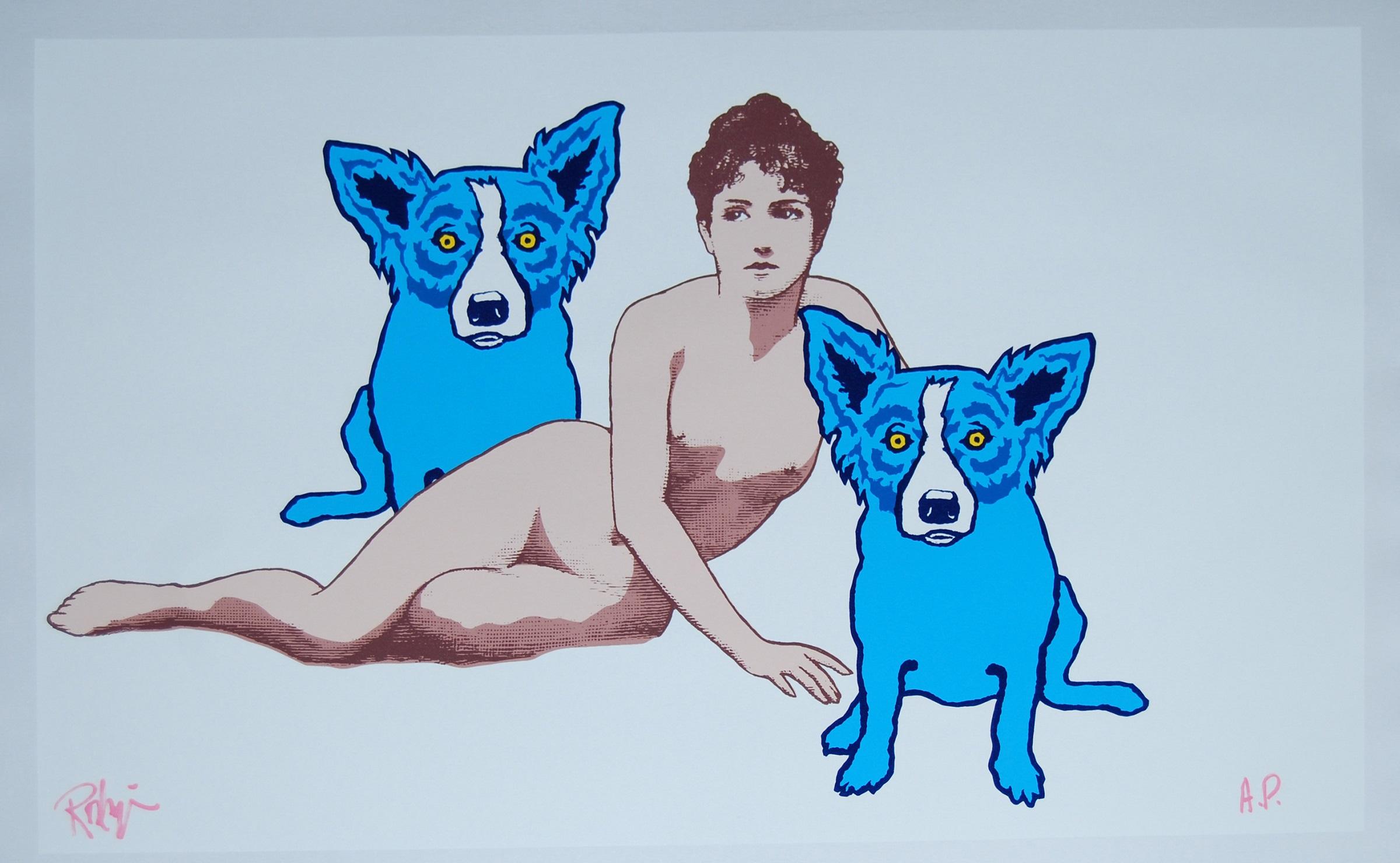 George Rodrigue Animal Print - Love Among the Ruins White/No Tree - Signed Silkscreen Blue Dog Print