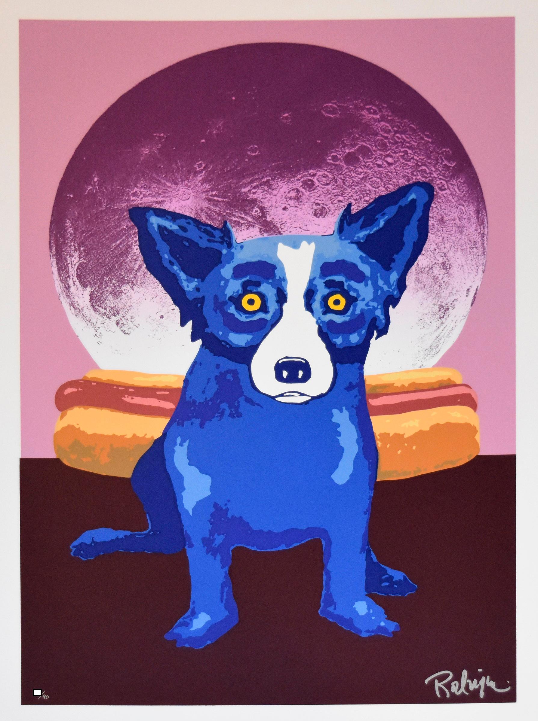 George Rodrigue Animal Print – Lunar Buns – signierter Siebdruck mit blauem Hund