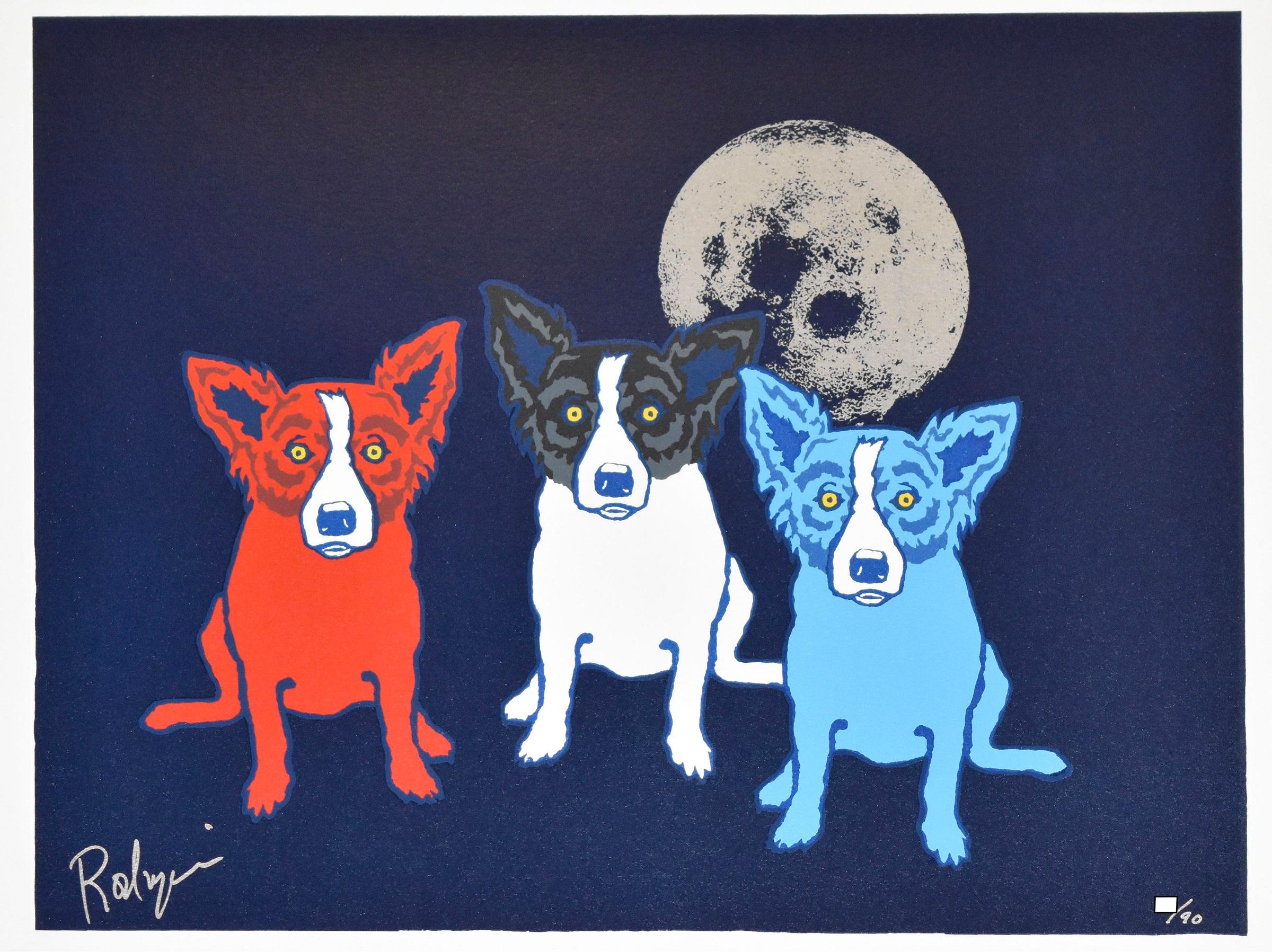 George Rodrigue Animal Print – Me, Myself and I - Blauer Seidendruck mit Siebdruck