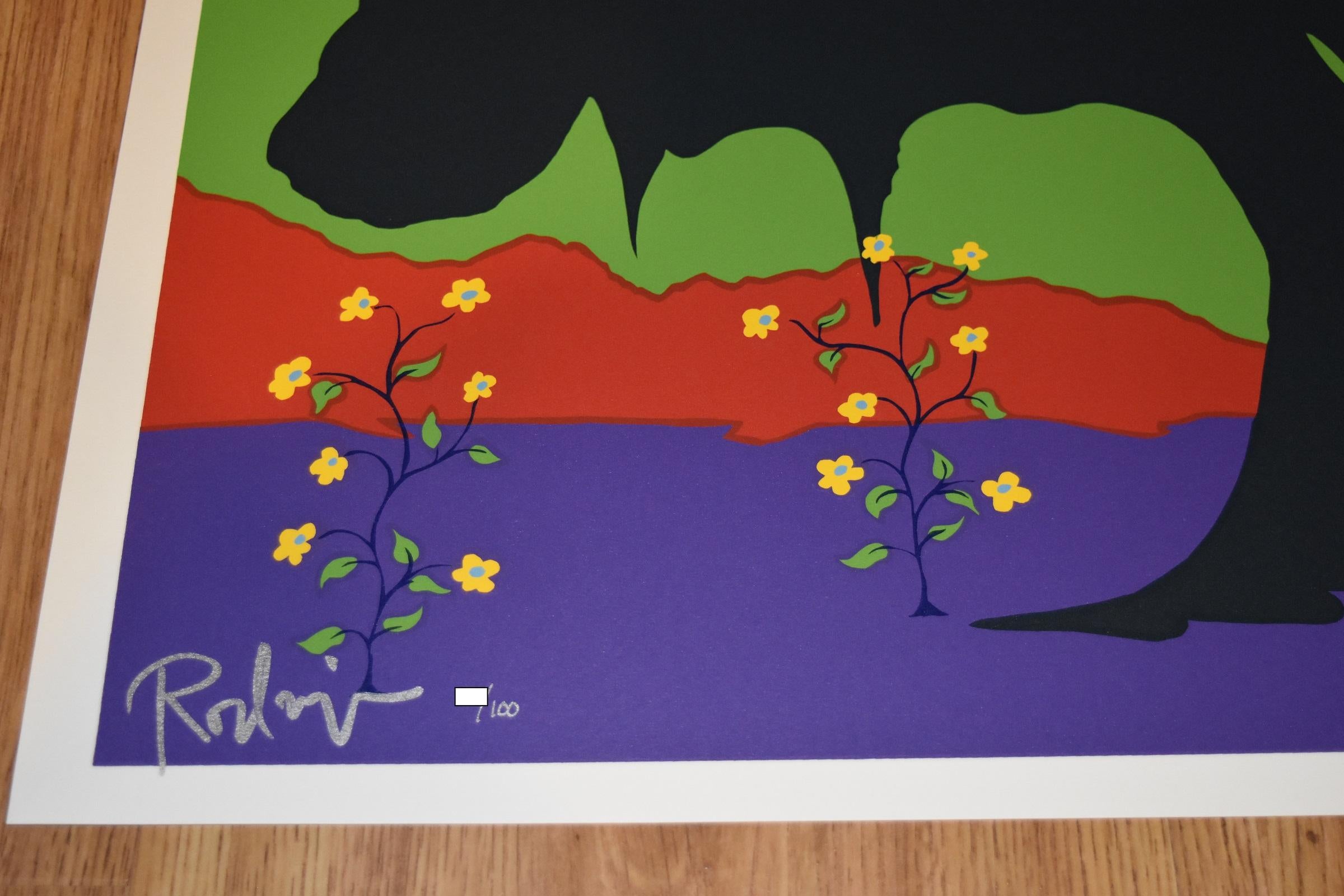 This Blue Dog work consists of 5 blue dog heads nestled in the leafy section of a black tree.  The background is green, red and purple with 4 flower sprigs.  The dogs all have soulful yellow eyes.  This pop art animal original silkscreen print on