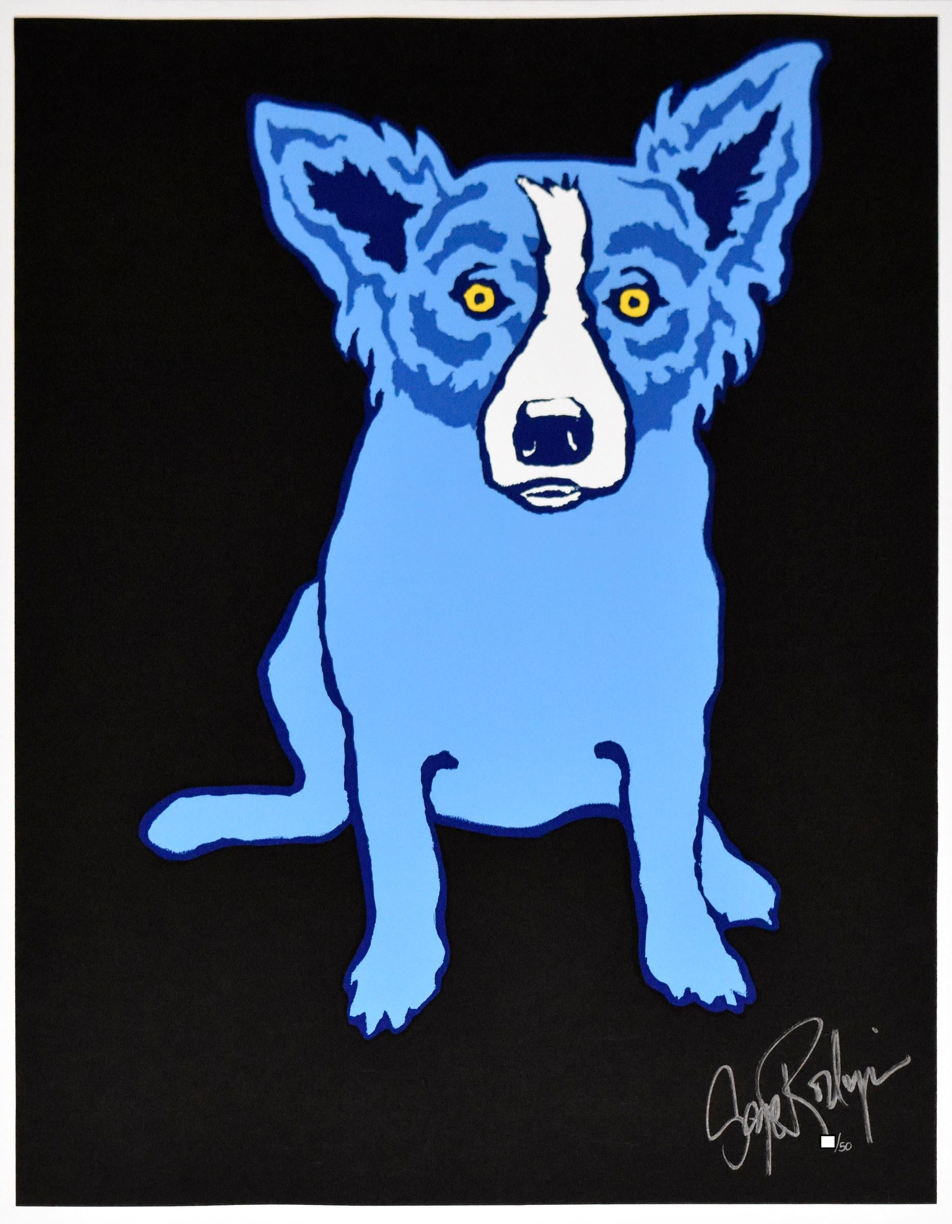 Midnight Blues - Impression sérigraphiée en soie avec chien bleu signée
