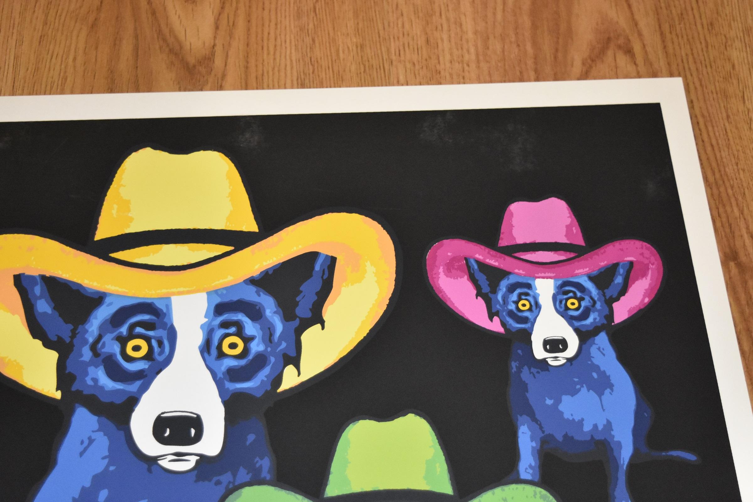 Artist:  George Rodrigue
Title:  Blue Dog “Midnight Cowboy - Split Font”
Medium:  Silkscreen	
Date:  2002
Edition:  Printers Proof
Dimensions:  22” X 27