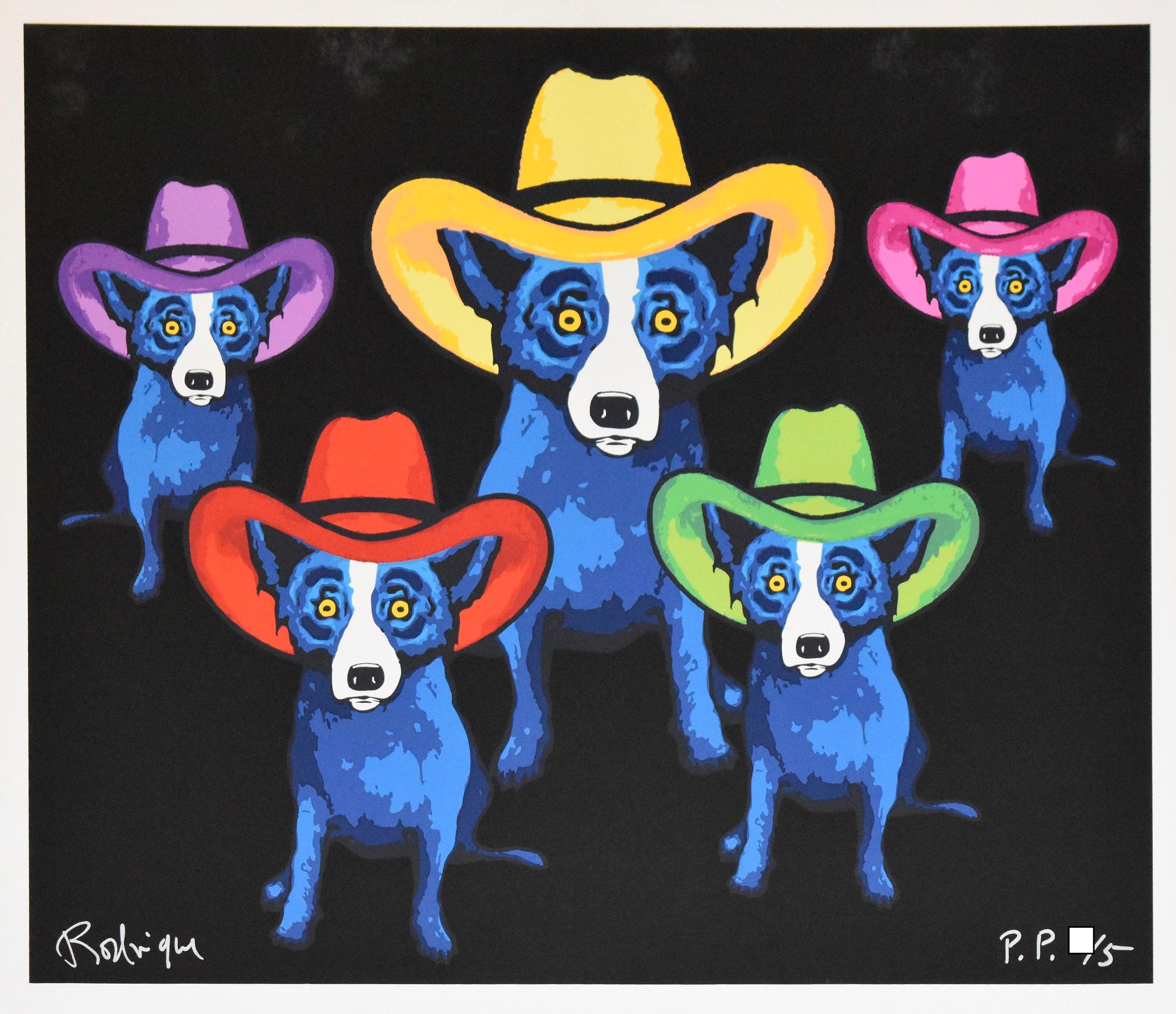 George Rodrigue Animal Print - Midnight Cowboy - Split Font - Signed Silkscreen Print - Blue Dog