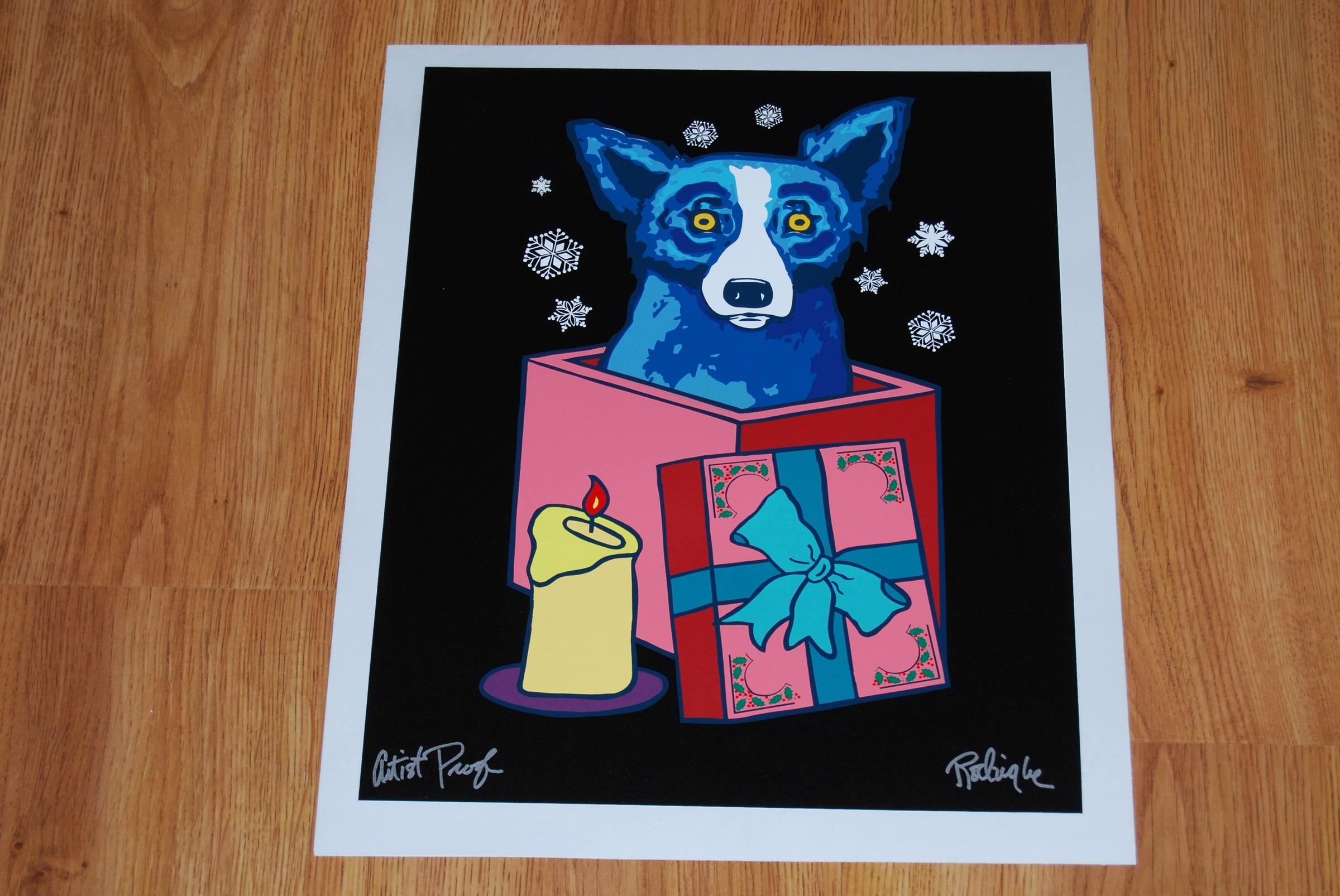 Midnight Surprise - Signierter blauer Siebdruck mit Hundmuster – Print von George Rodrigue