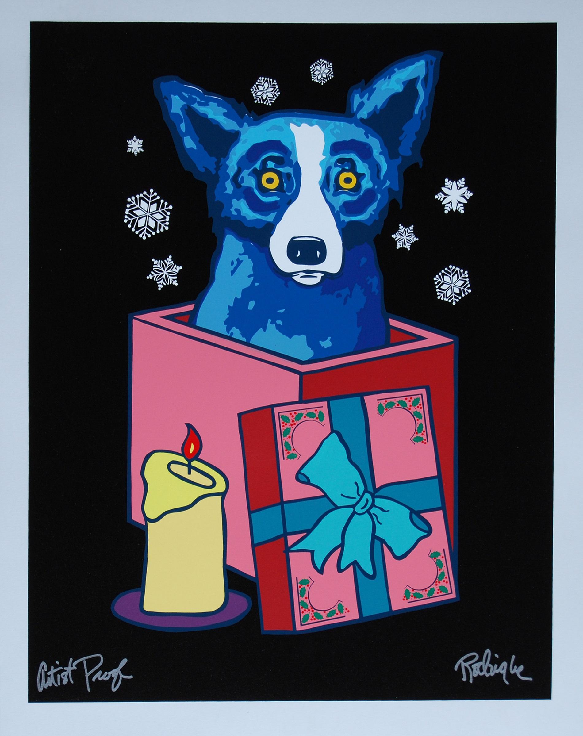 Animal Print George Rodrigue - Midnight Surprise - Sérigraphie en soie imprimée de chien bleu signée