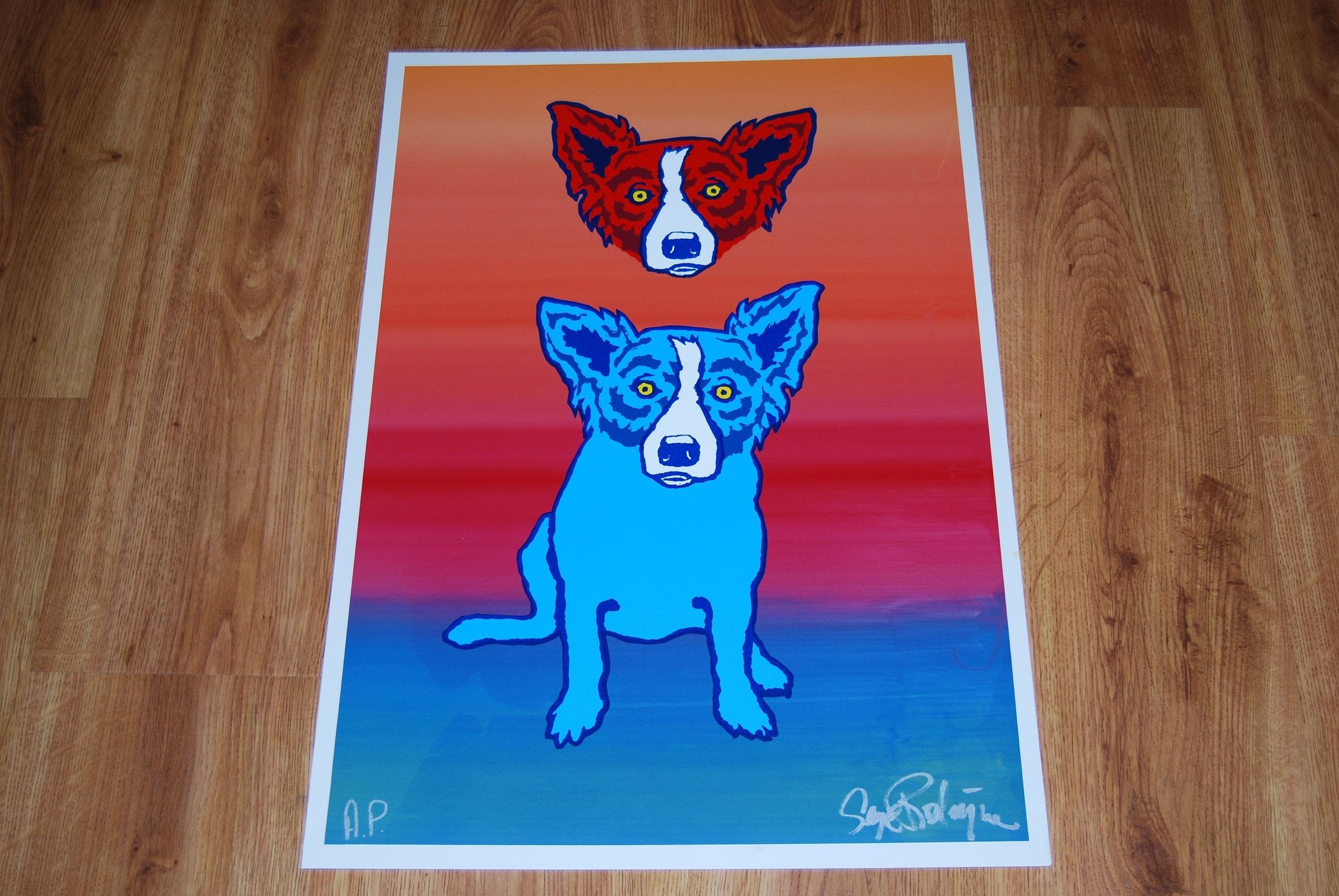 Mischief On My Mind Split Font - Signierter blauer Siebdruck mit Hundmuster – Print von George Rodrigue