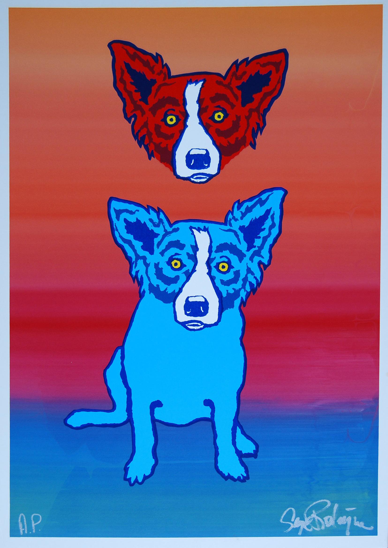 George Rodrigue Animal Print – Mischief On My Mind Split Font - Signierter blauer Siebdruck mit Hundmuster