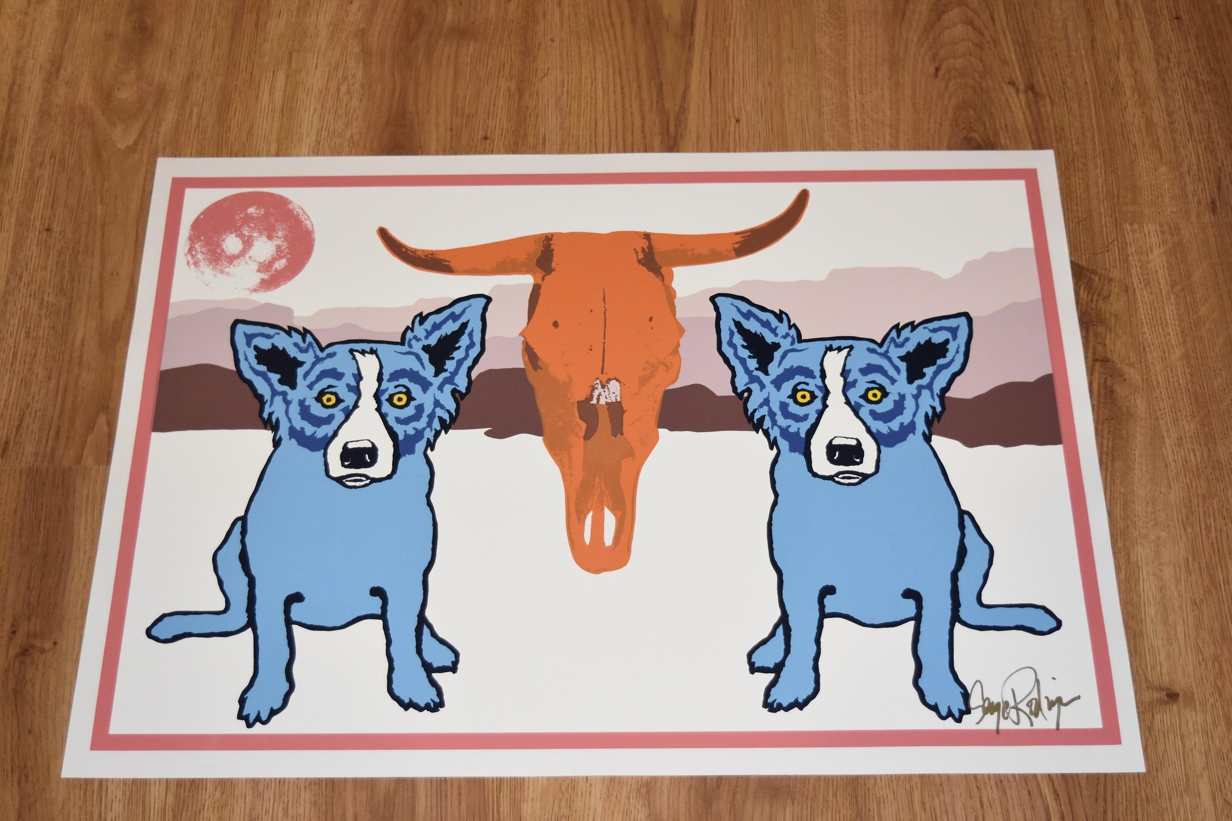 Moo-Cow Blues White - Blauer blauer Hund mit Siebdruck und signiertem Siebdruck – Print von George Rodrigue